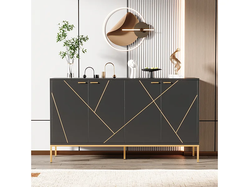 Aparador 150 x 40 x 80 cm com puxadores e pés em metal dourado para sala de estar e sala de jantar Preto