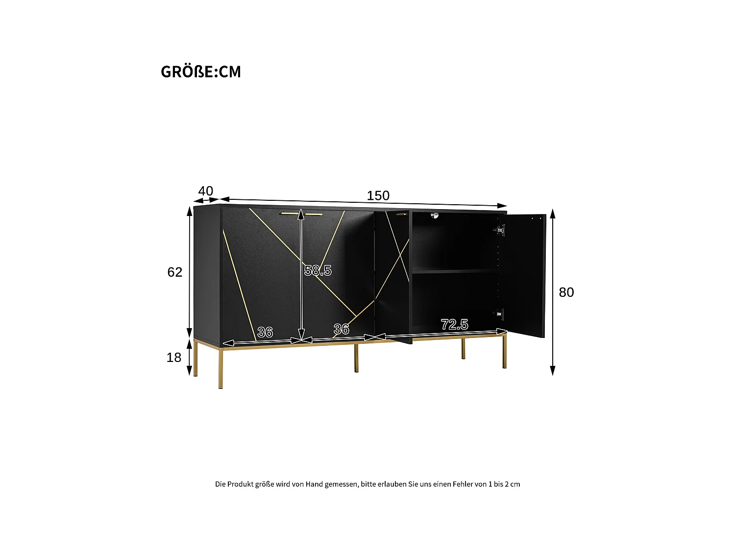 Aparador 150 x 40 x 80 cm com puxadores e pés em metal dourado para sala de estar e sala de jantar Preto