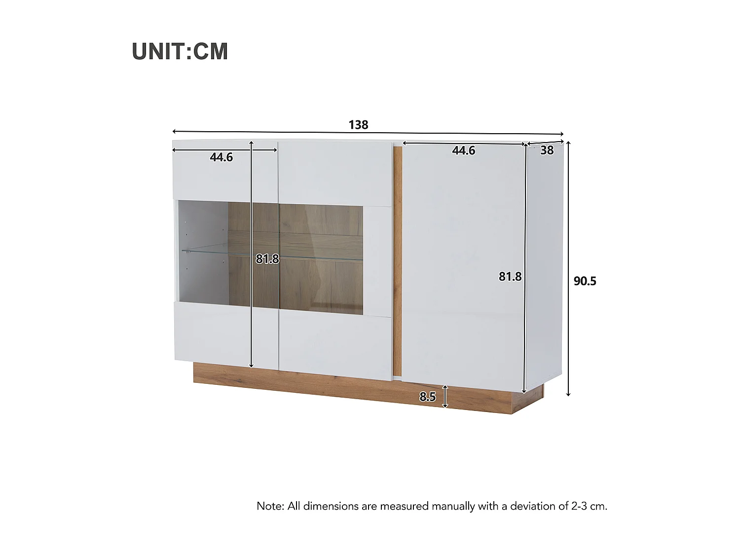 Aparador de sala com LED, armário de armazenamento, portas de madeira e vidro, 138x38x90cm, branco