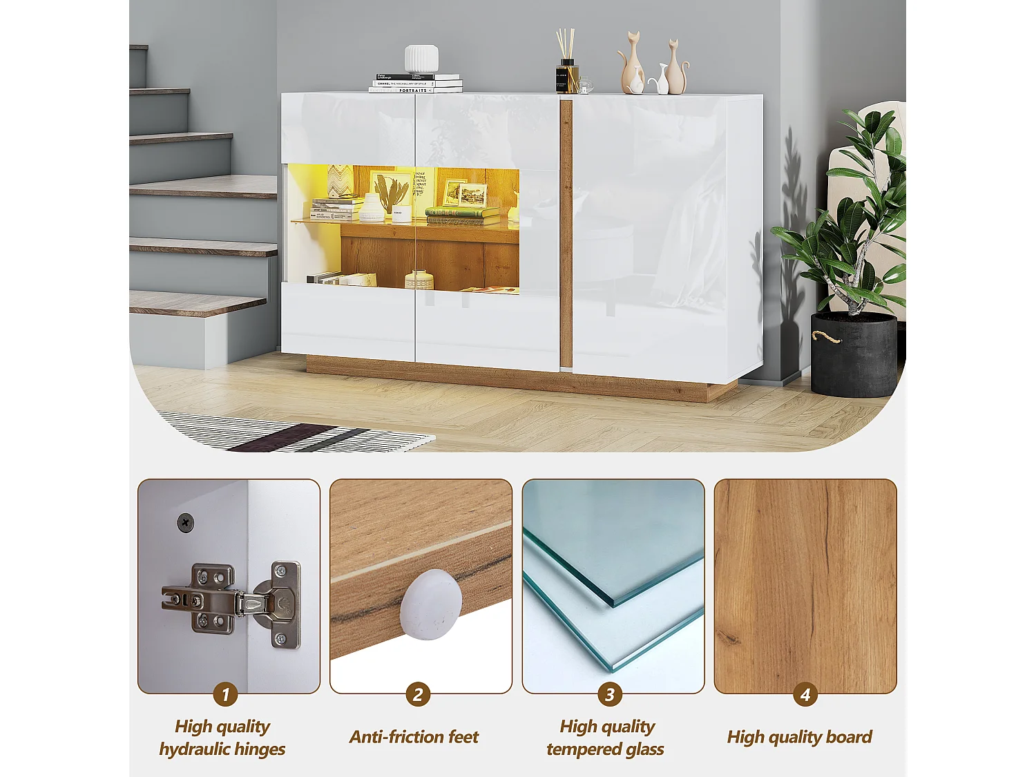 Aparador de sala com LED, armário de armazenamento, portas de madeira e vidro, 138x38x90cm, branco