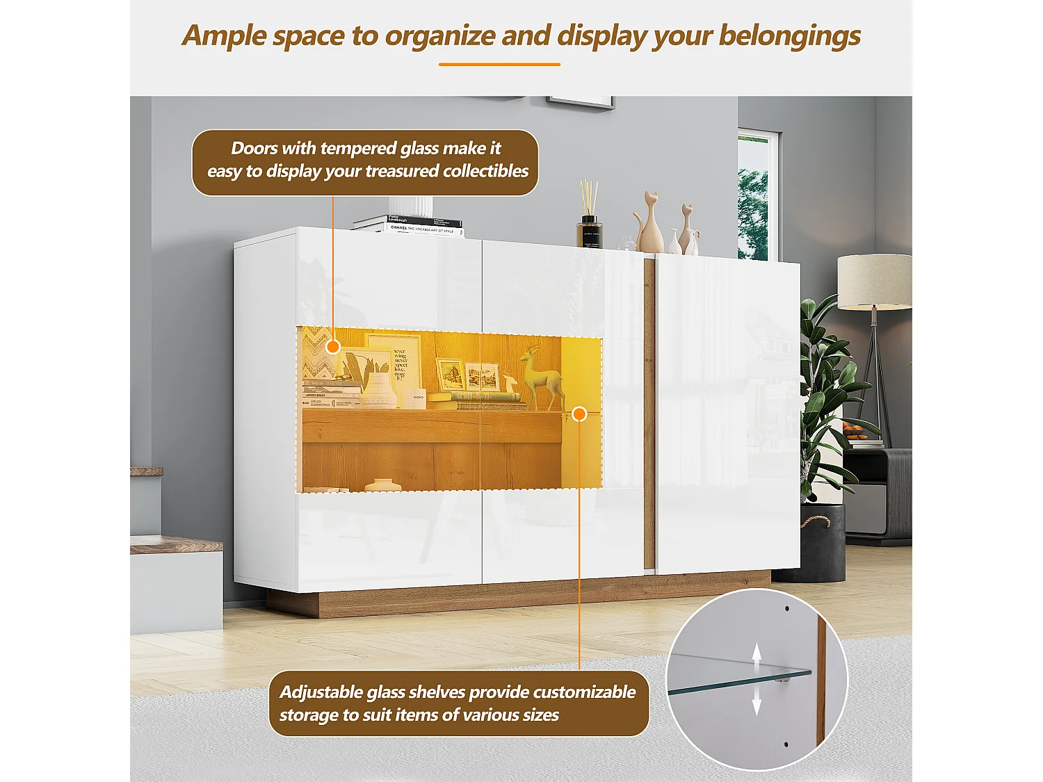 Aparador de sala com LED, armário de armazenamento, portas de madeira e vidro, 138x38x90cm, branco