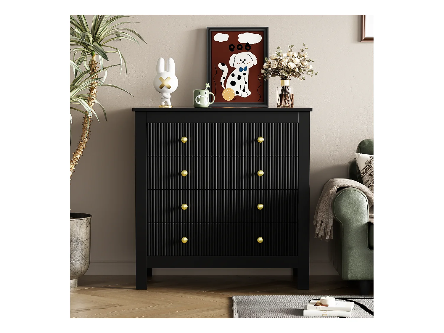 Buffet de Style Contemporain, Commode avec Espace de Rangement, avec poignées dorées, Noir