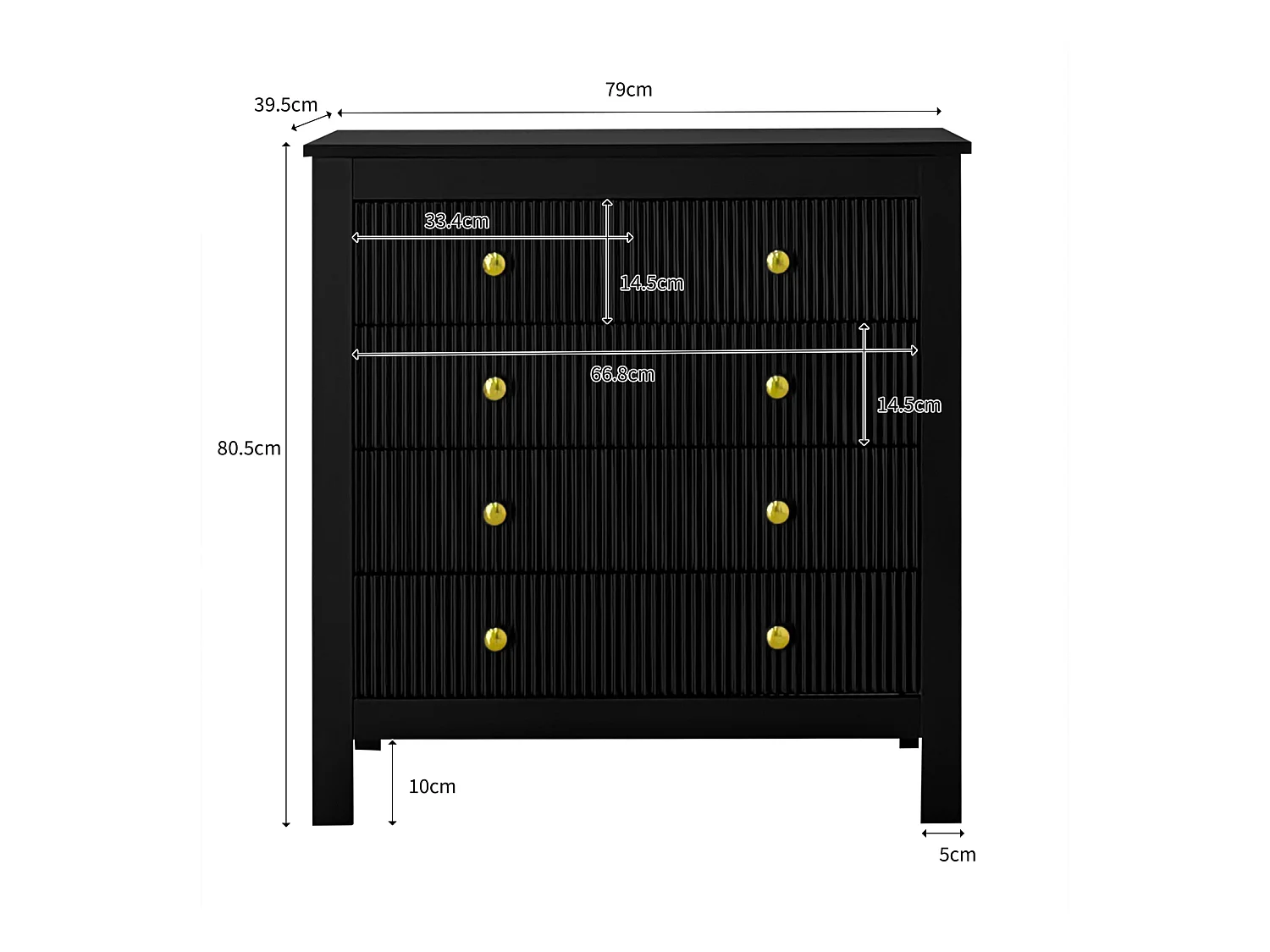 Buffet de Style Contemporain, Commode avec Espace de Rangement, avec poignées dorées, Noir