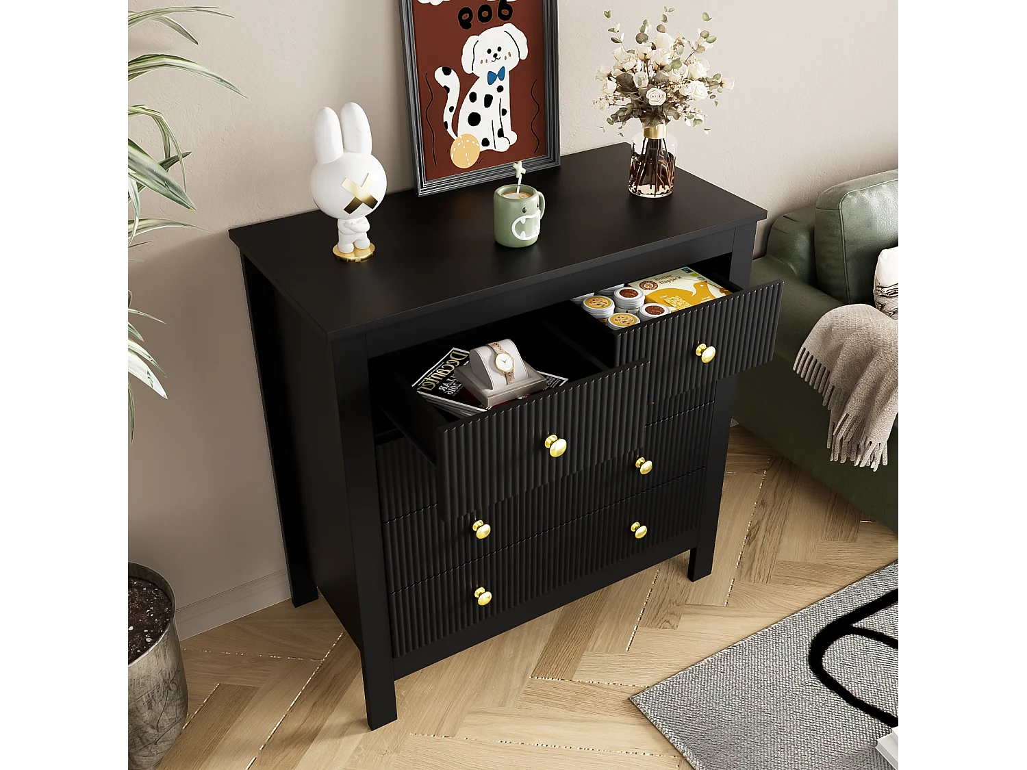 Buffet de Style Contemporain, Commode avec Espace de Rangement, avec poignées dorées, Noir