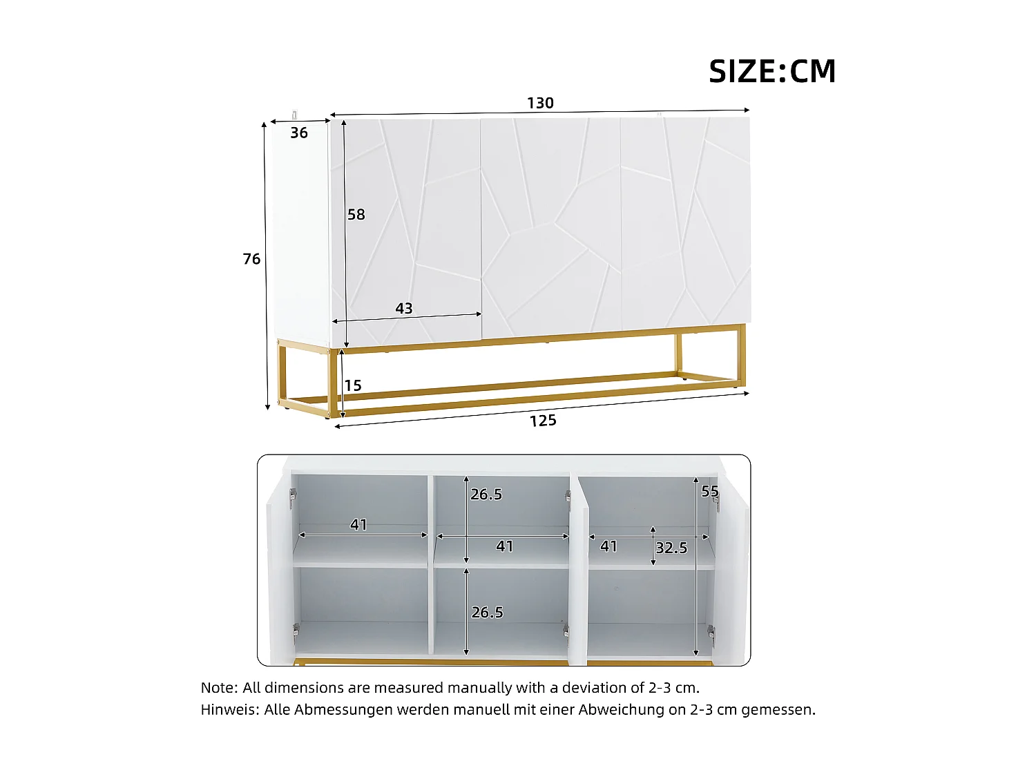 Buffet blanc 130 x 38 x 76 cm - Armoire de cuisine à 3 portes - Commode - pour salon, cuisine