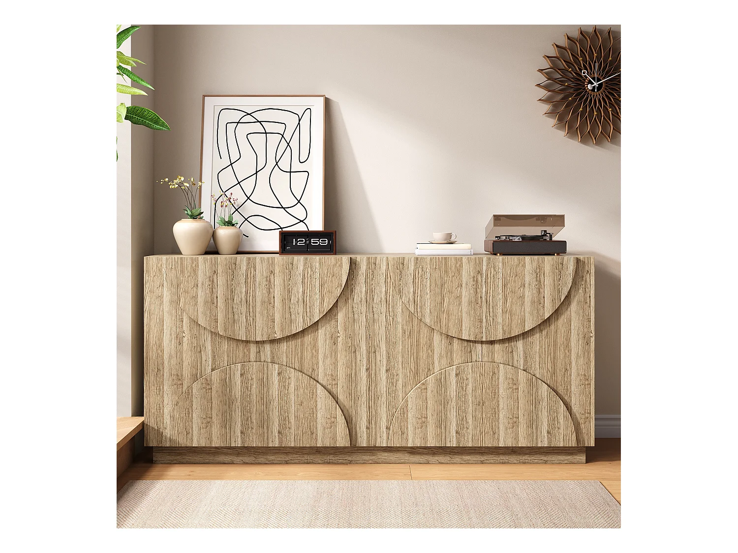 Aparador de madera natural con estantes, estilo reboteador: perfecto para la sala de estar o la cocina.