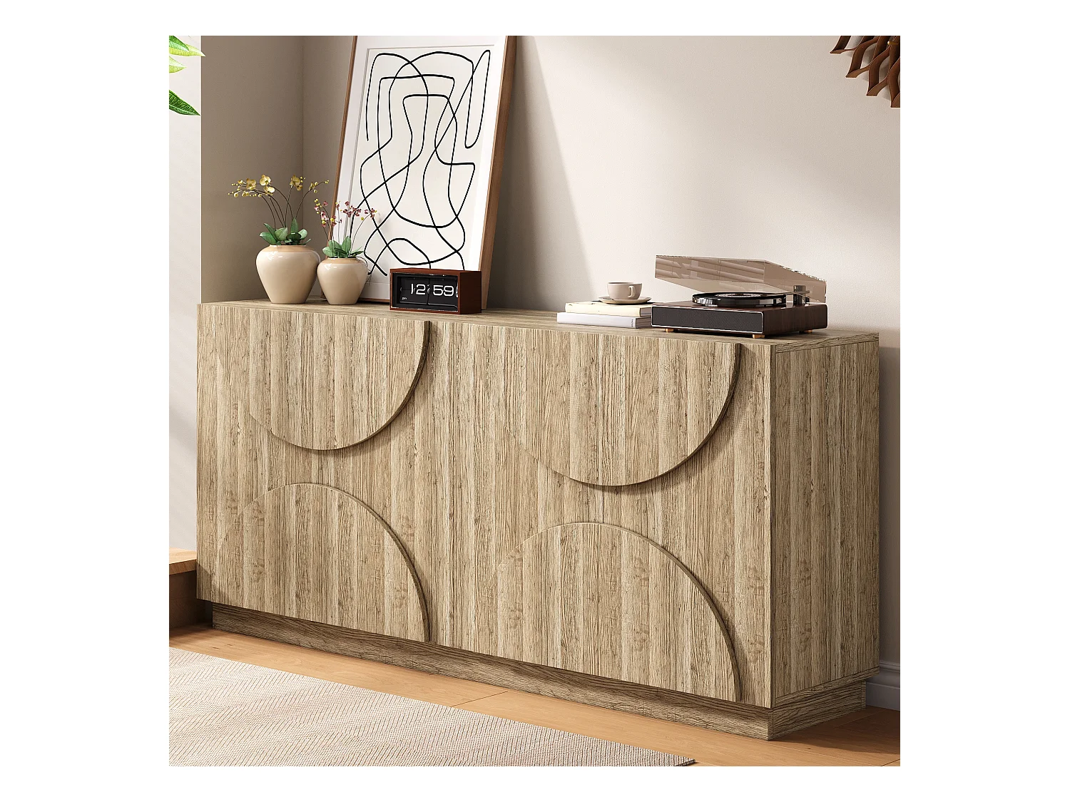 Buffet Bois Naturel avec Étagères, Style Rebounder – Parfait pour Salon ou Cuisine