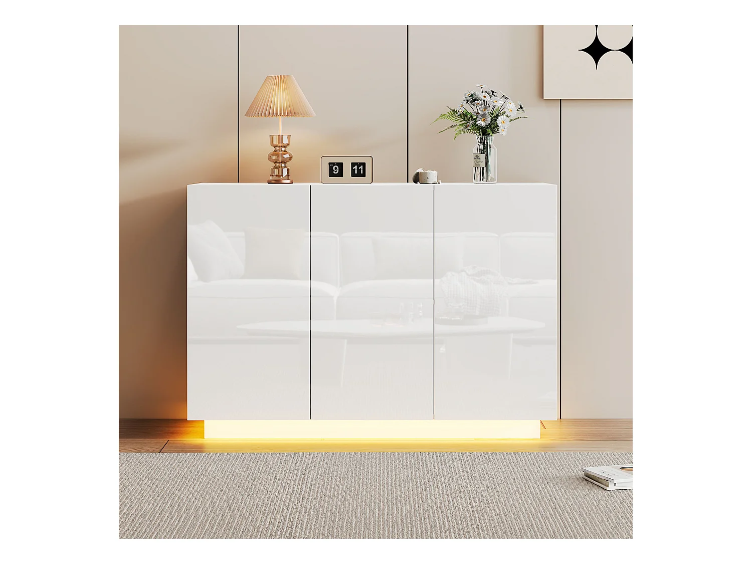 Buffet Salon 120cm, Meubles de Rangement 3 Portes avec LED, Armoire pour Entrée, Cuisine,Salon,Blanc