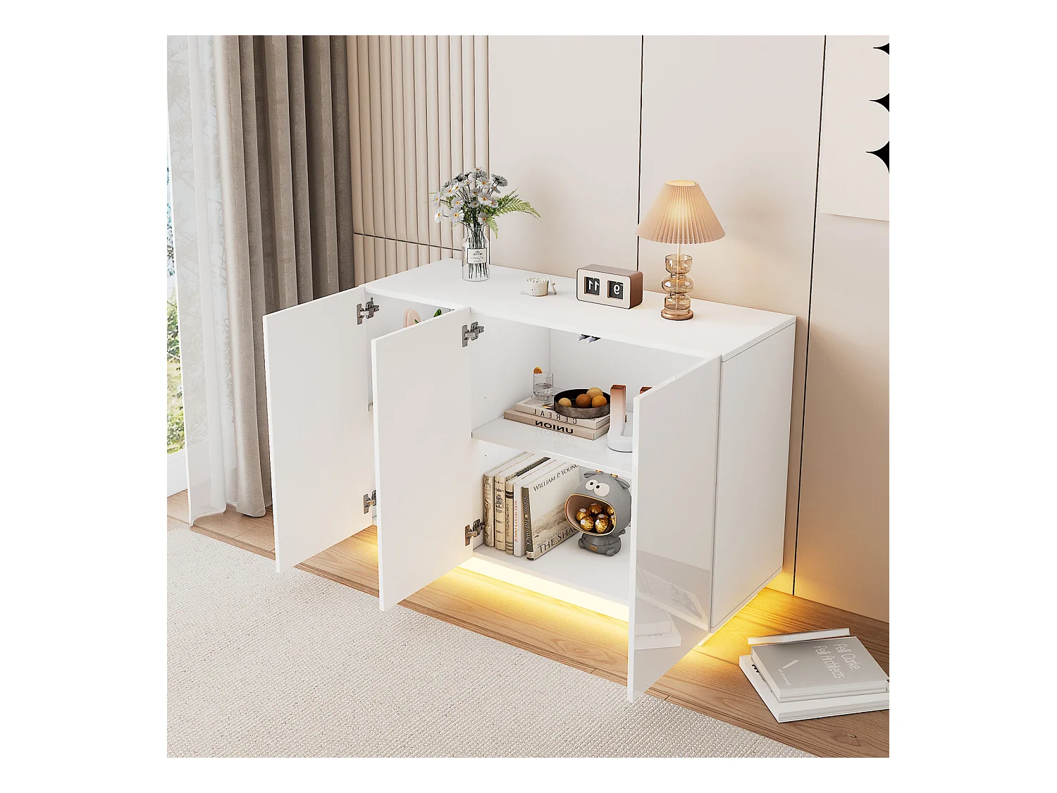 Buffet Salon 120cm, Meubles de Rangement 3 Portes avec LED, Armoire pour Entrée, Cuisine,Salon,Blanc