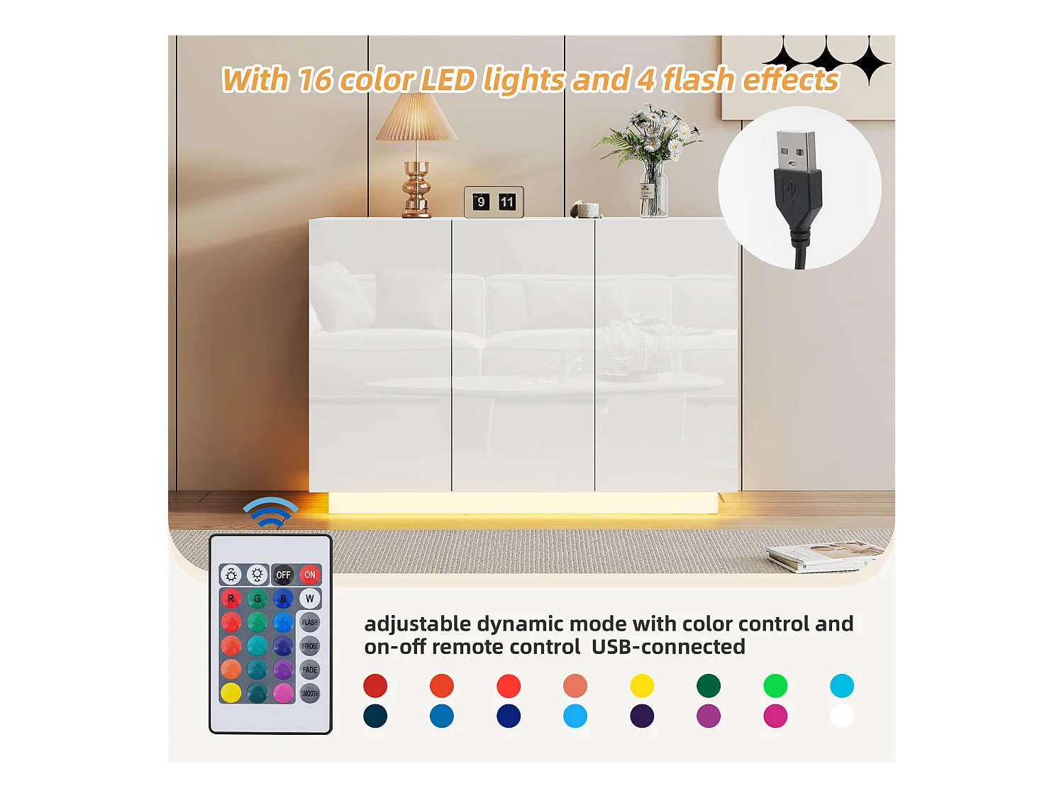 Buffet Salon 120cm, Meubles de Rangement 3 Portes avec LED, Armoire pour Entrée, Cuisine,Salon,Blanc