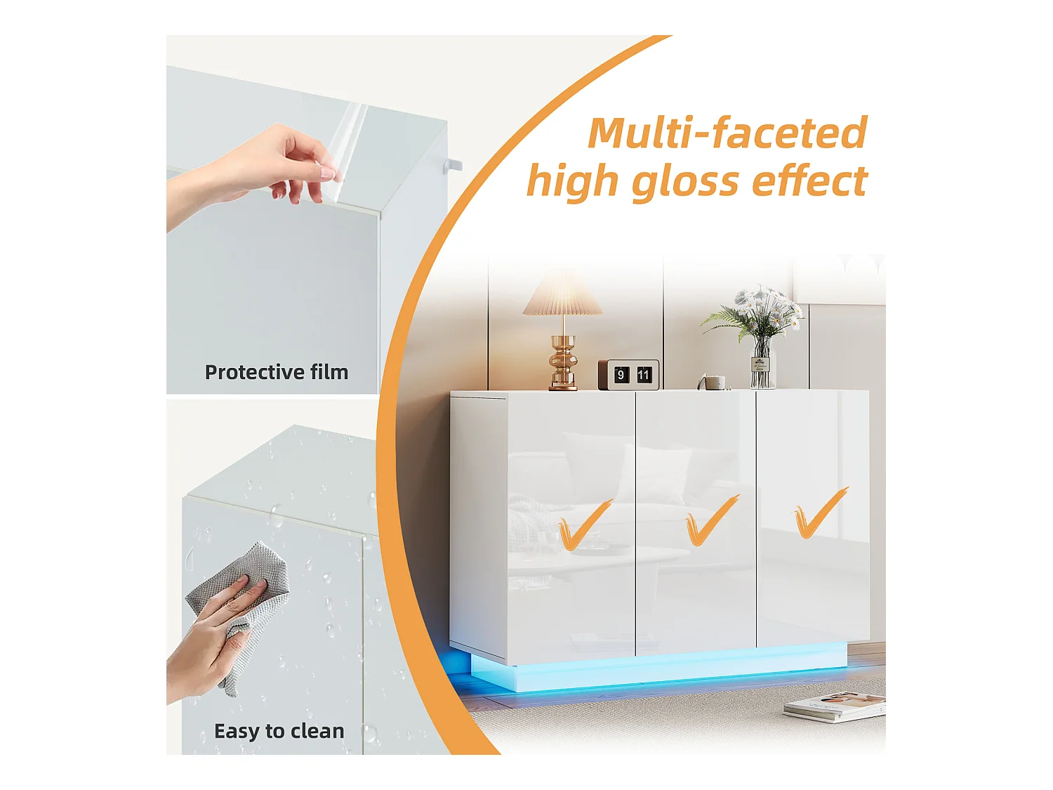 Buffet Salon 120cm, Meubles de Rangement 3 Portes avec LED, Armoire pour Entrée, Cuisine,Salon,Blanc