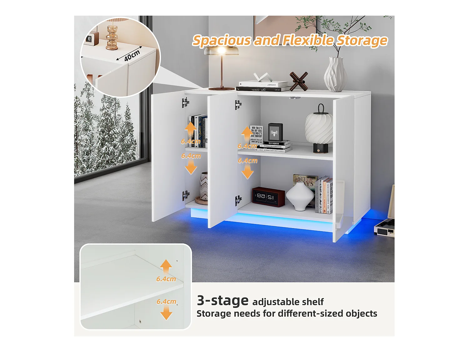 Buffet Salon 120cm, Meubles de Rangement 3 Portes avec LED, Armoire pour Entrée, Cuisine,Salon,Blanc