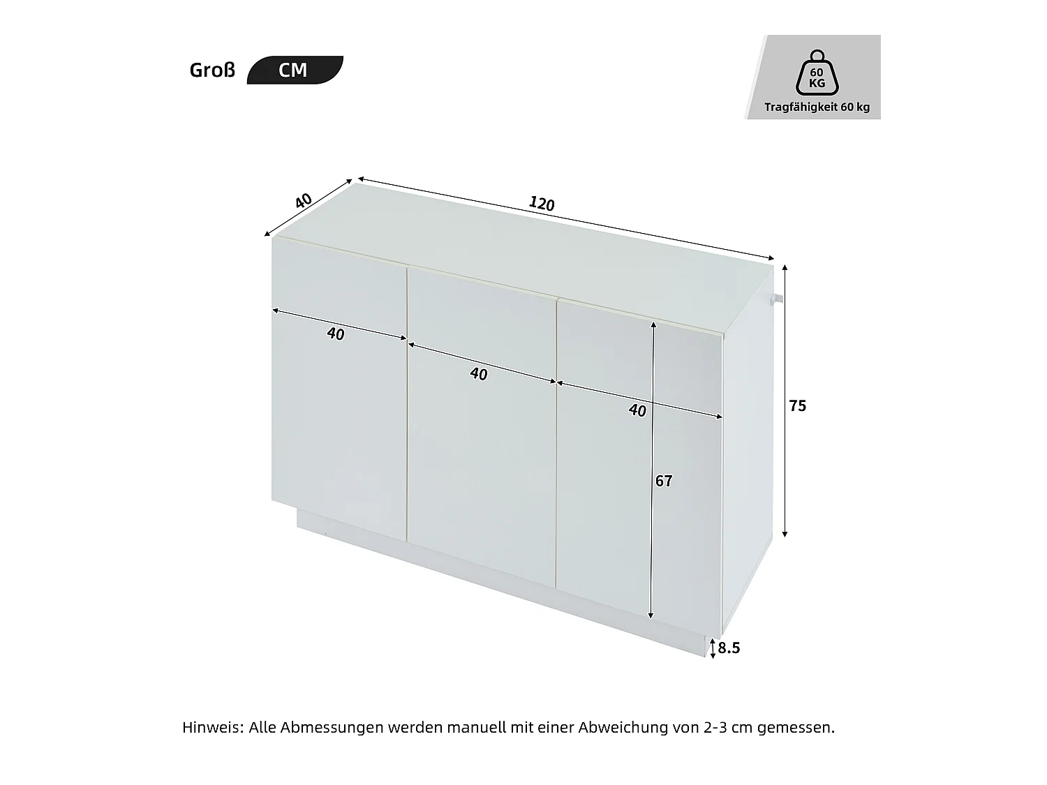Buffet Salon 120cm, Meubles de Rangement 3 Portes avec LED, Armoire pour Entrée, Cuisine,Salon,Blanc