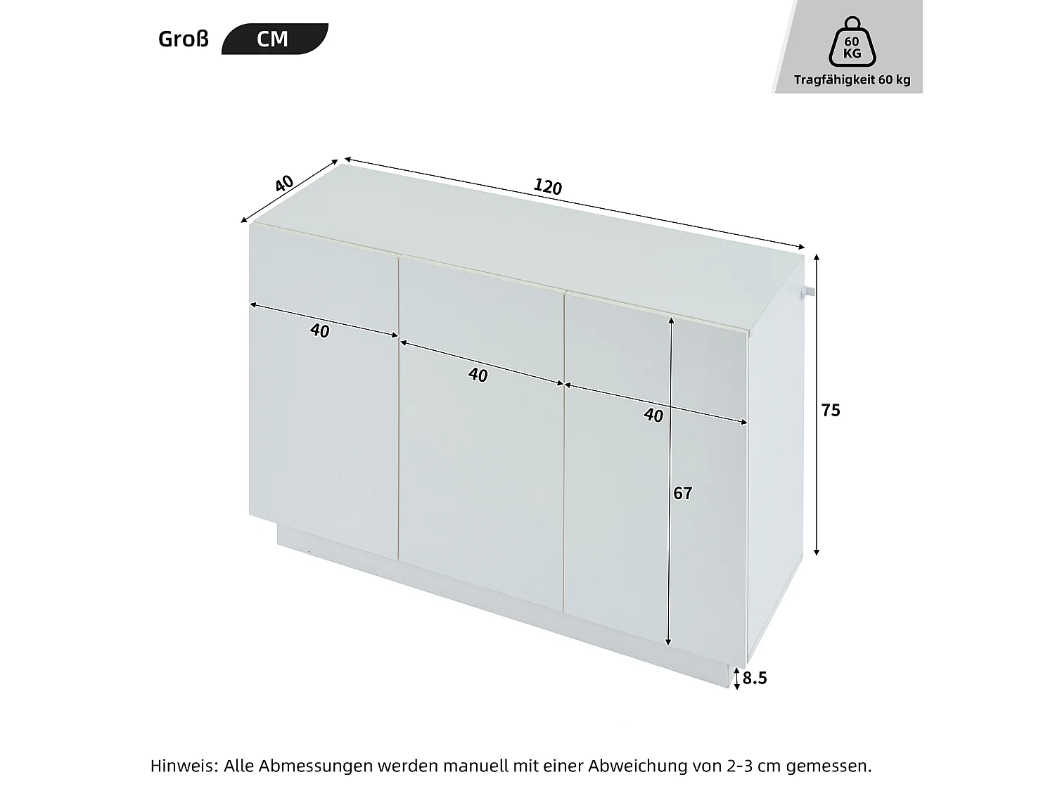 Buffet Salon 120cm, Meubles de Rangement 3 Portes avec LED, Armoire pour Entrée, Cuisine,Salon,Blanc