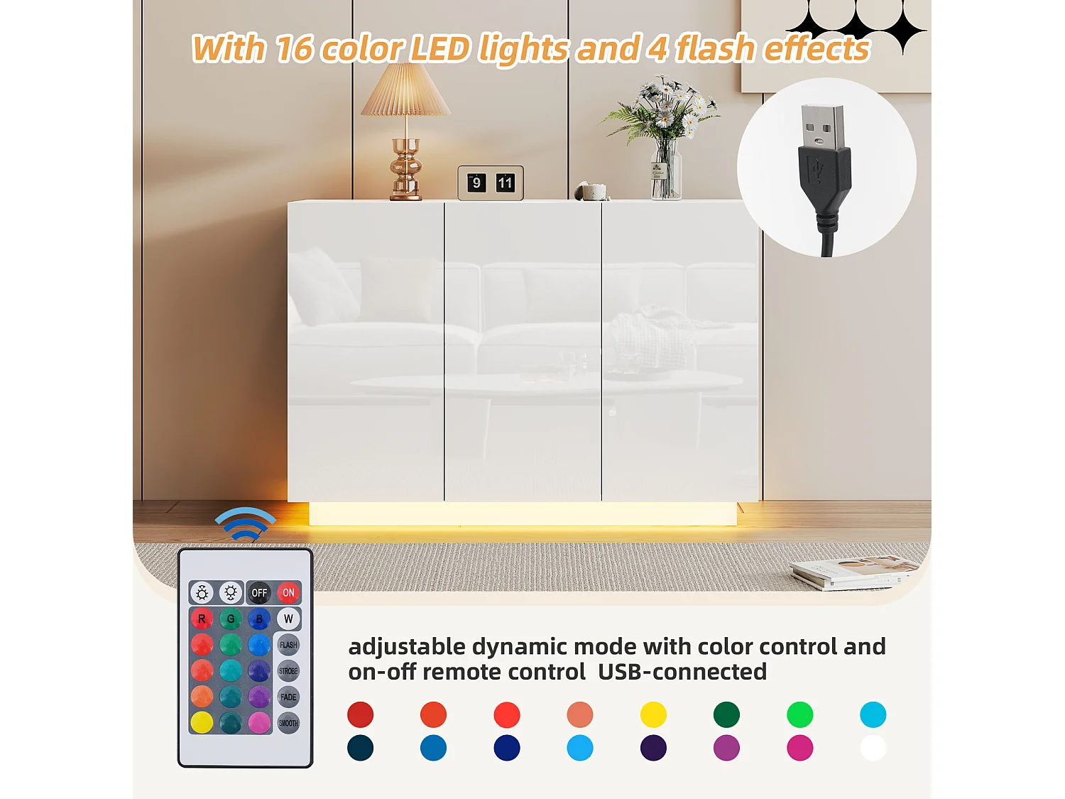 Buffet Salon 120cm, Meubles de Rangement 3 Portes avec LED, Armoire pour Entrée, Cuisine,Salon,Blanc