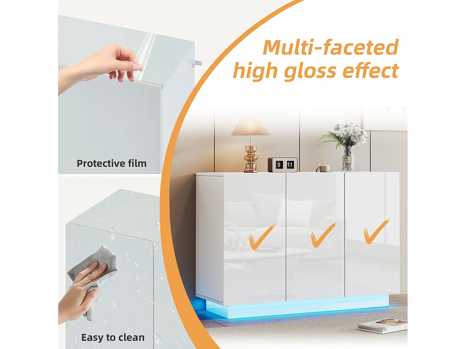 Buffet Salon 120cm, Meubles de Rangement 3 Portes avec LED, Armoire pour Entrée, Cuisine,Salon,Blanc