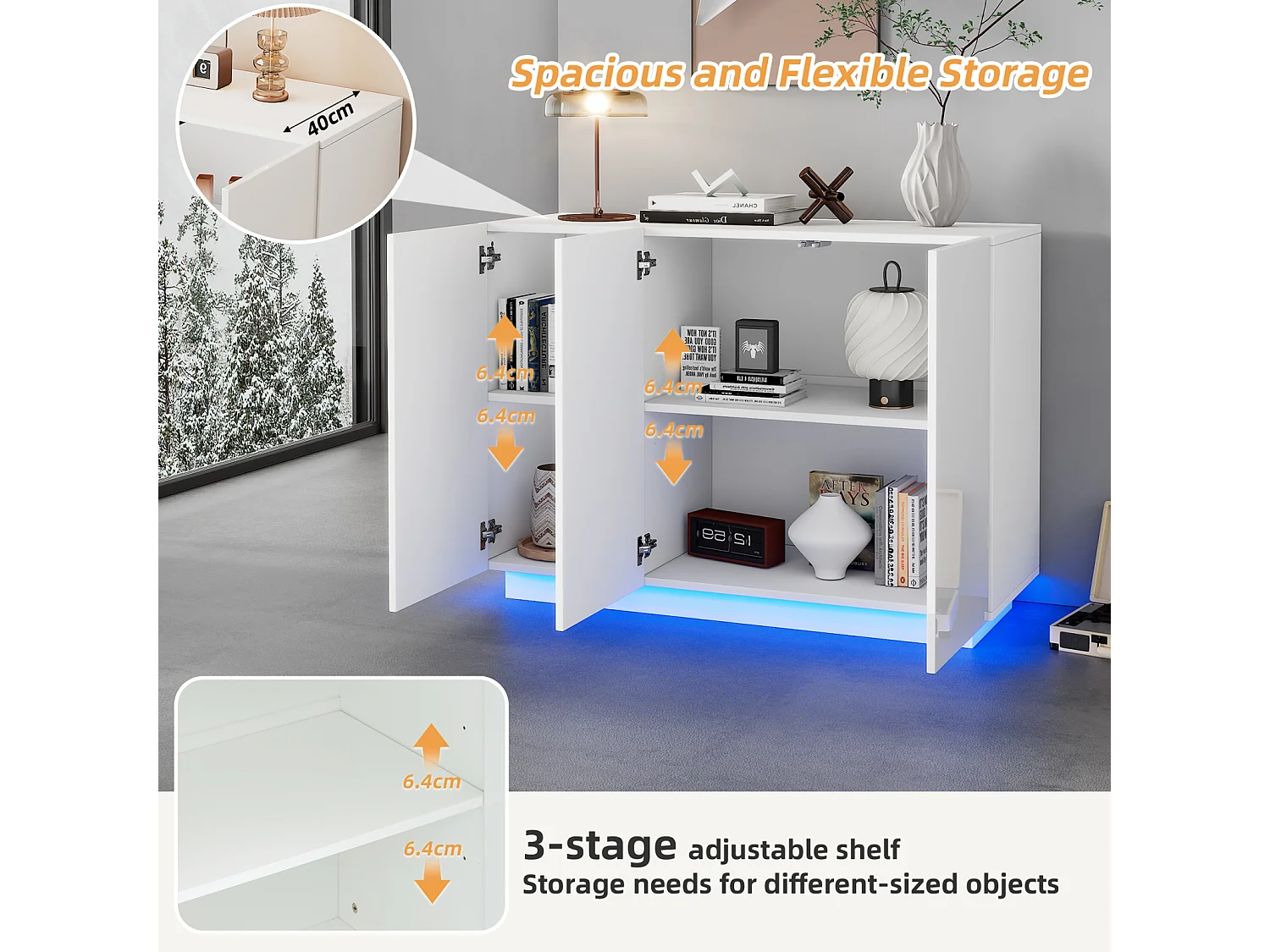 Buffet Salon 120cm, Meubles de Rangement 3 Portes avec LED, Armoire pour Entrée, Cuisine,Salon,Blanc