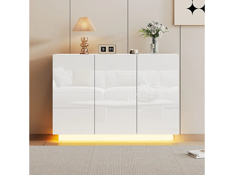 Buffet Salon 120cm, Meubles de Rangement 3 Portes avec LED, Armoire pour Entrée, Cuisine,Salon,Blanc