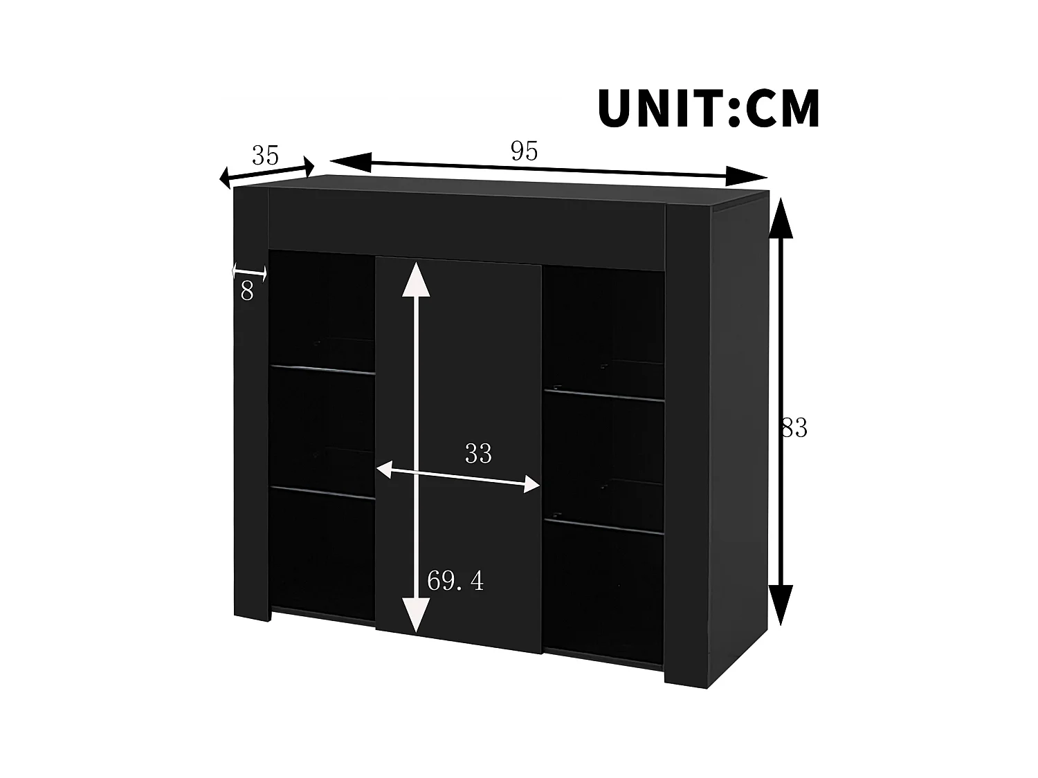 Aparador moderno negro con frente brillante, estantes de cristal, almacenamiento compacto 95 x 35 x 83 cm