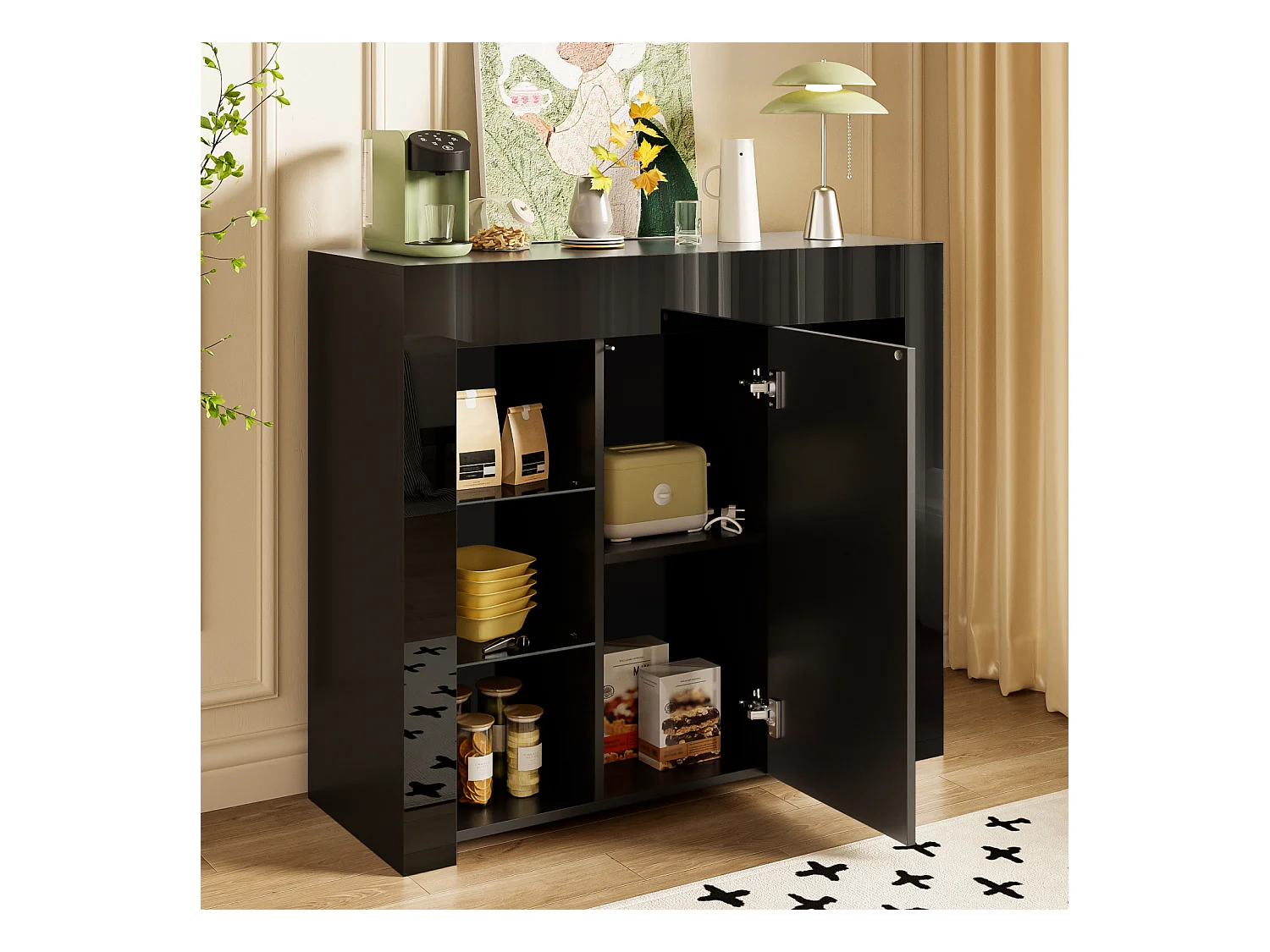 Aparador moderno negro con frente brillante, estantes de cristal, almacenamiento compacto 95 x 35 x 83 cm