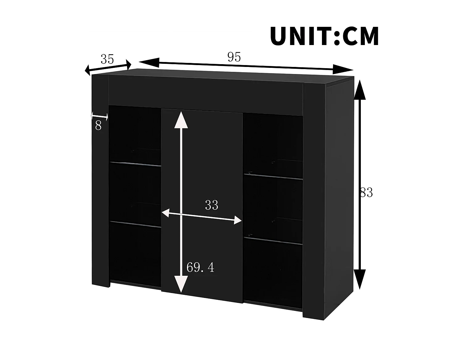 Buffet moderne noir à façade brillante, étagères en verre, rangement compact 95 x 35 x 83 cm