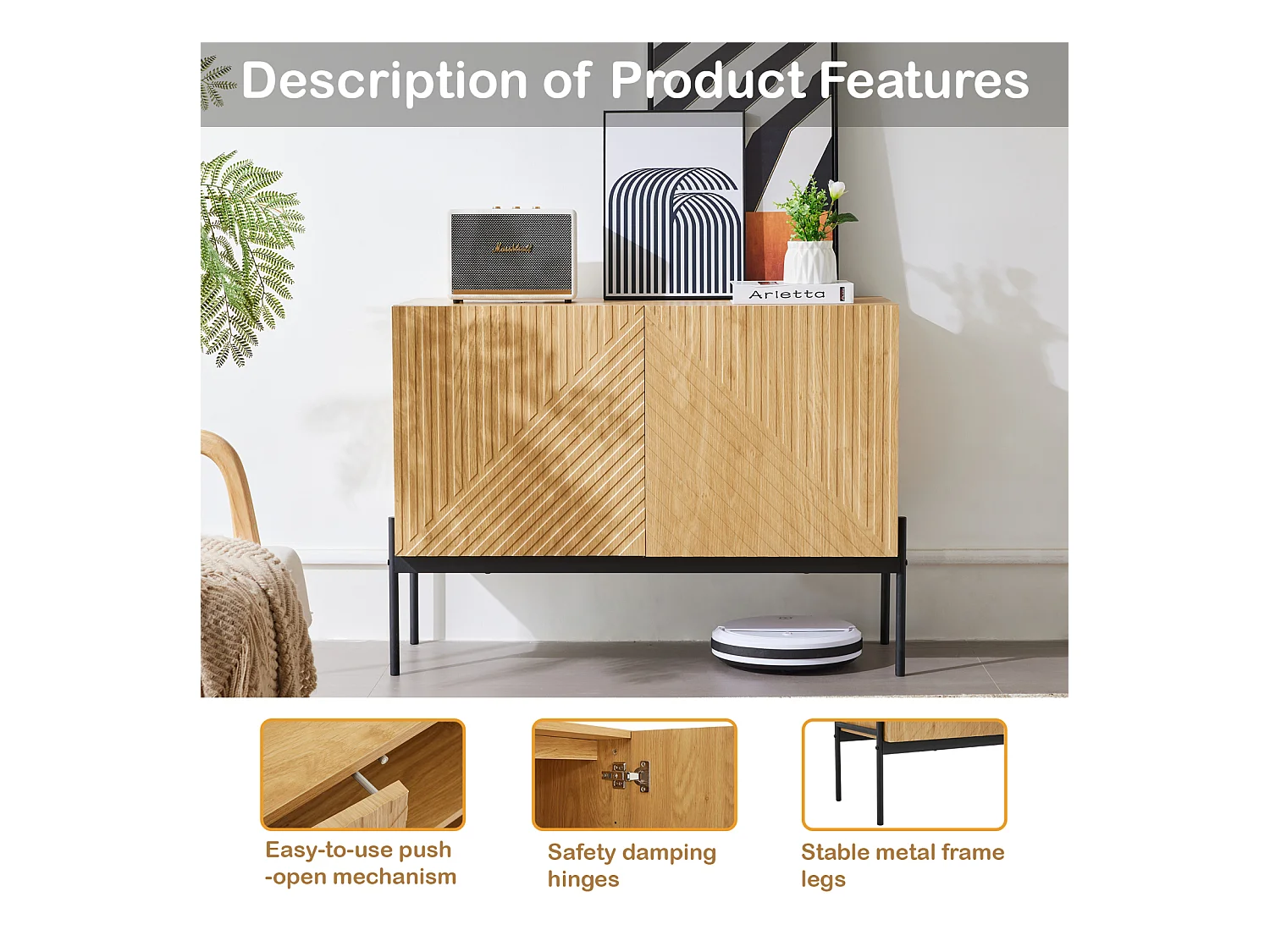 Aparador de Cocina, Mueble de Almacenaje con 2 Puertas, Patas Metálicas, Diseño Line, 100 x 40 x 75 cm, Madera