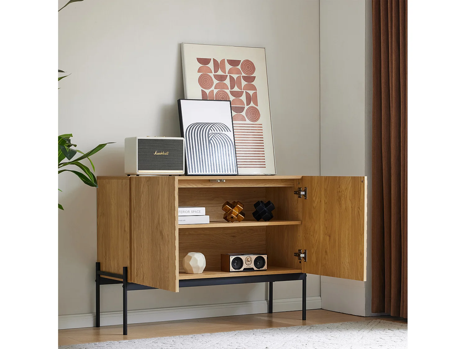 Buffet Cusine, Meuble de Rangement avec 2 Portes, Pieds en Métal, Design de Lignes,100 x40x75cm,Bois