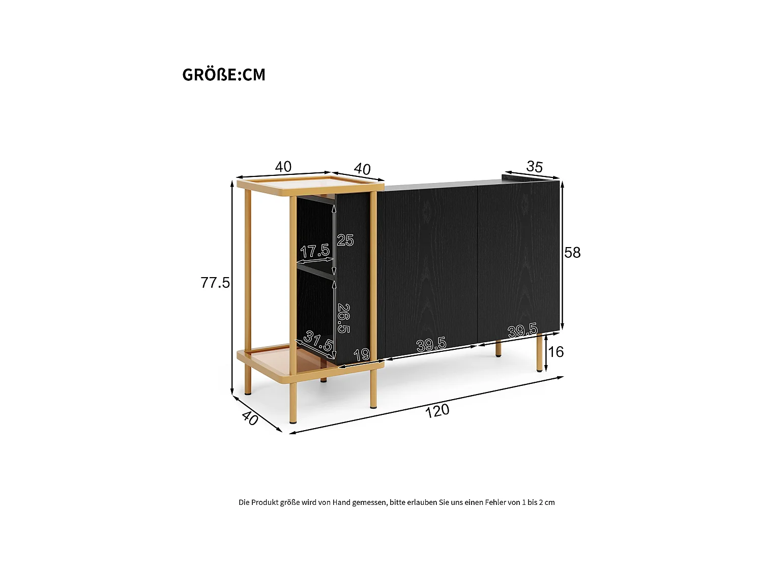 Buffet avec 2 Portes et 2 Compartiments Ouverts, Table Basse en métal/Verre,Noir, 120 x 40 x 77.5 cm