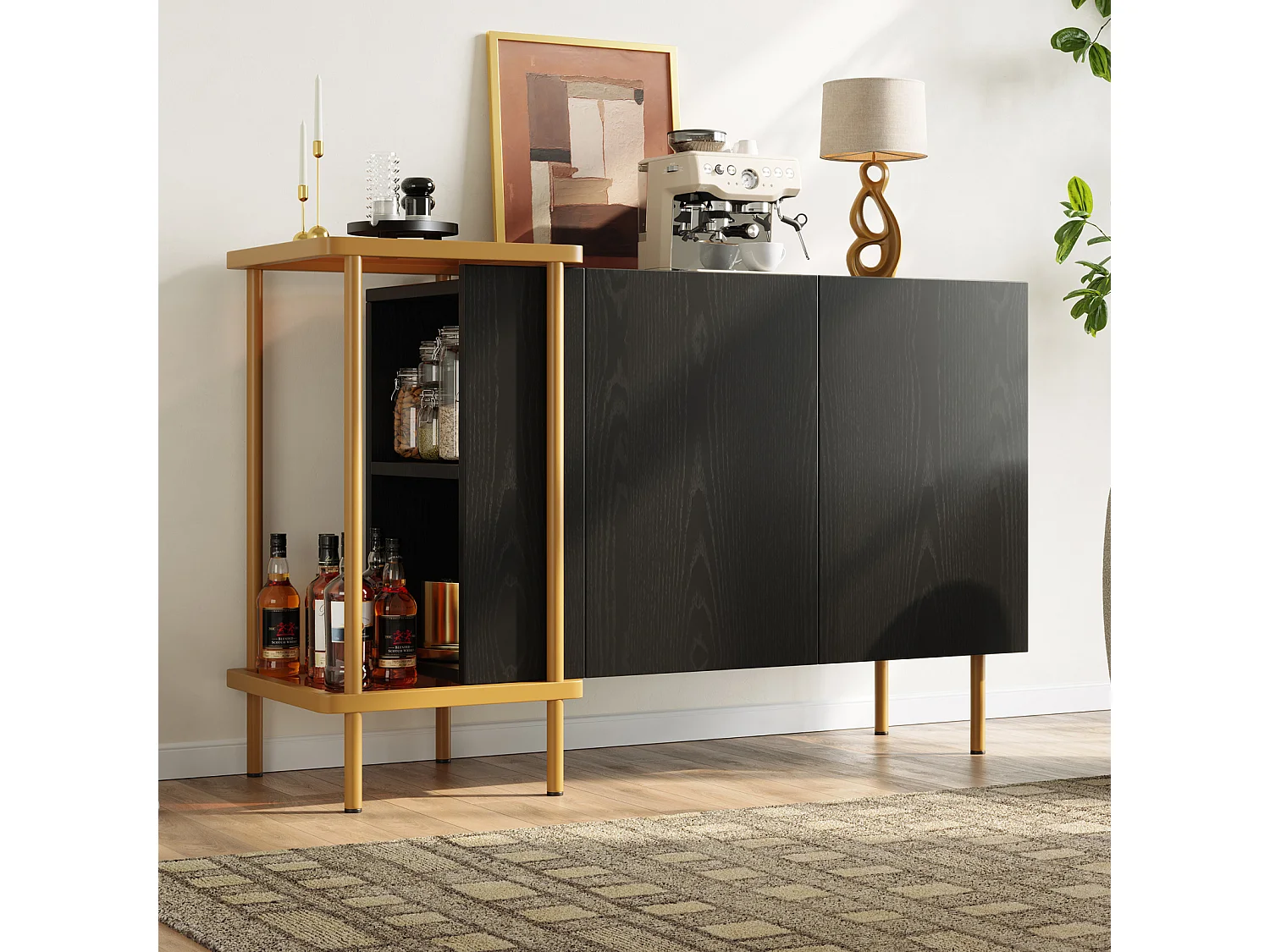 Buffet avec 2 Portes et 2 Compartiments Ouverts, Table Basse en métal/Verre,Noir, 120 x 40 x 77.5 cm