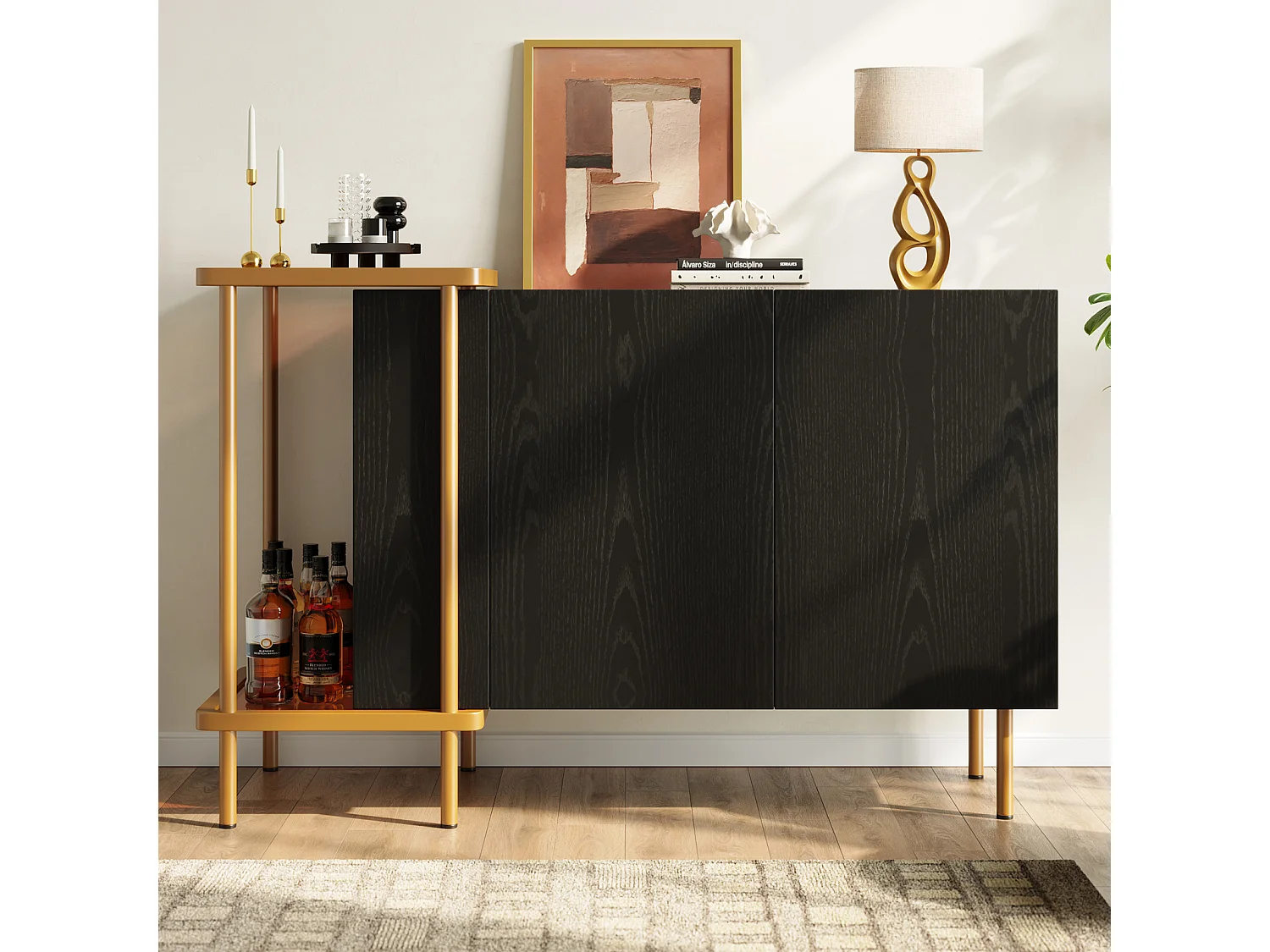 Buffet avec 2 Portes et 2 Compartiments Ouverts, Table Basse en métal/Verre,Noir, 120 x 40 x 77.5 cm