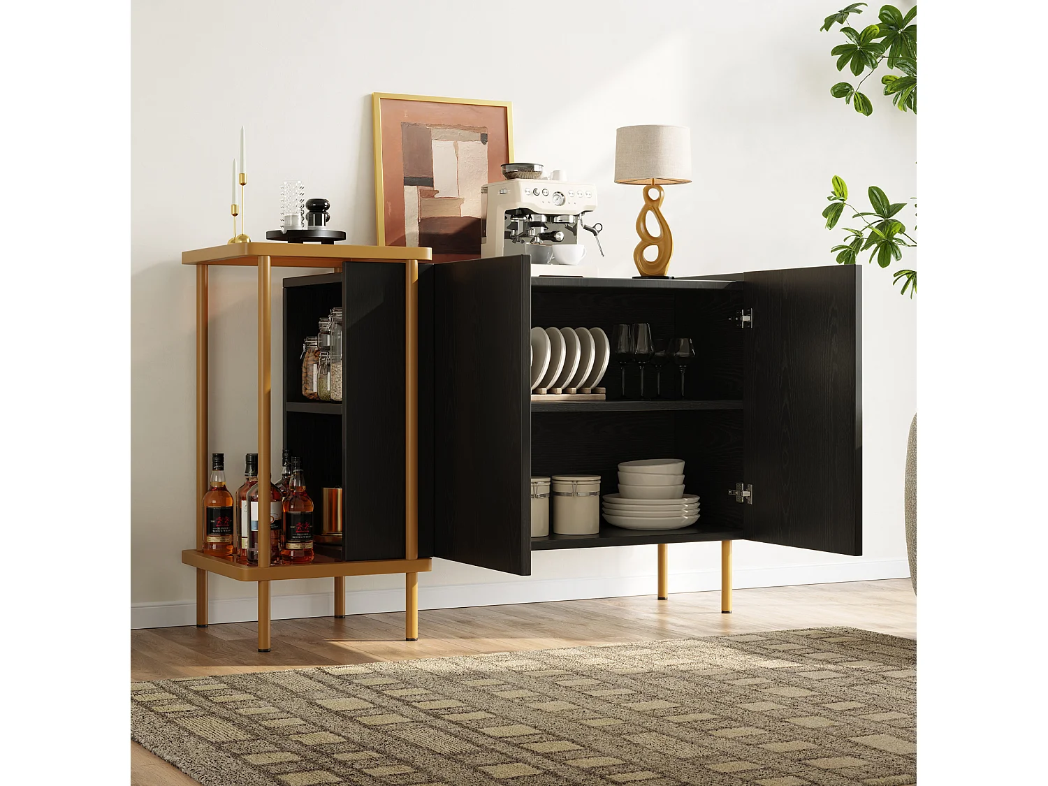 Buffet avec 2 Portes et 2 Compartiments Ouverts, Table Basse en métal/Verre,Noir, 120 x 40 x 77.5 cm