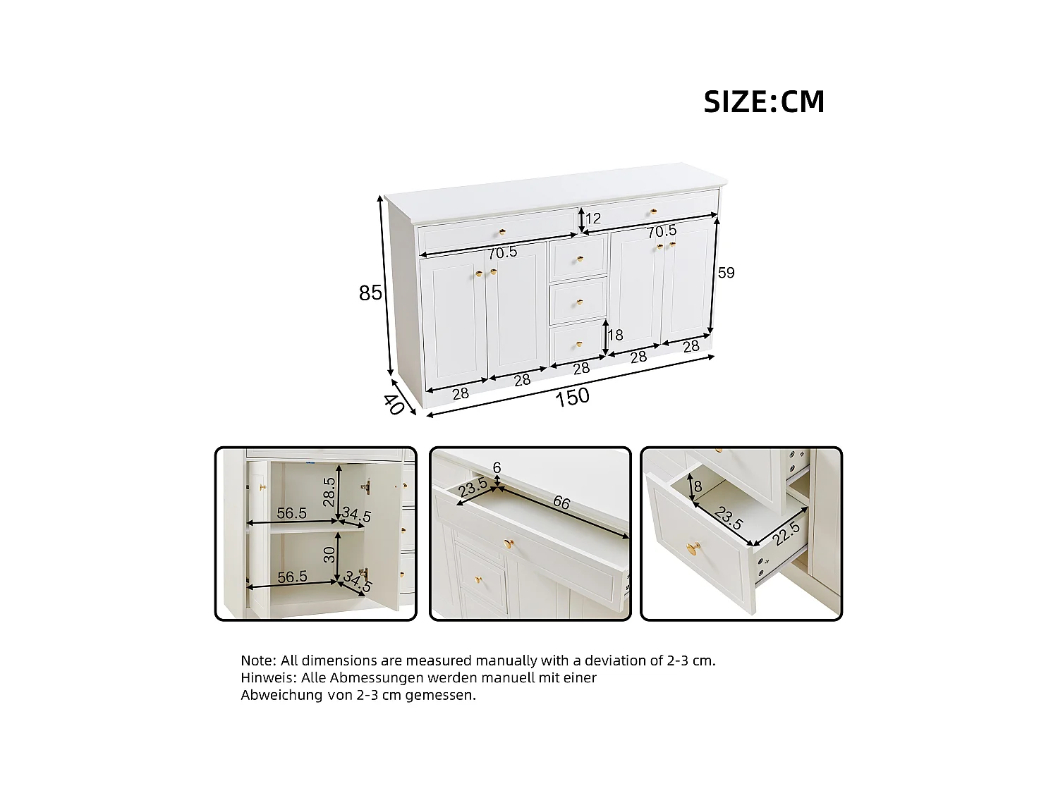 Aparador blanco 150x40x85 cm, con 5 cajones y 2 puertas, aparador para salón, comedor
