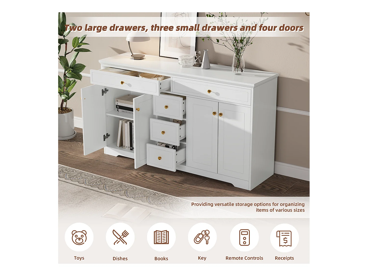 Aparador blanco 150x40x85 cm, con 5 cajones y 2 puertas, aparador para salón, comedor