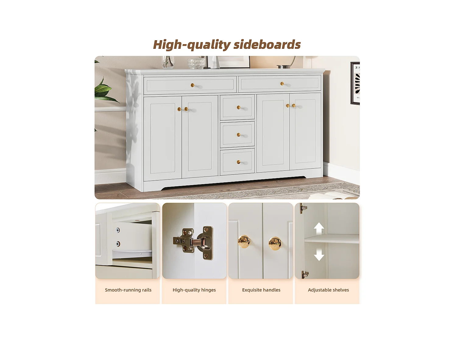 Aparador blanco 150x40x85 cm, con 5 cajones y 2 puertas, aparador para salón, comedor