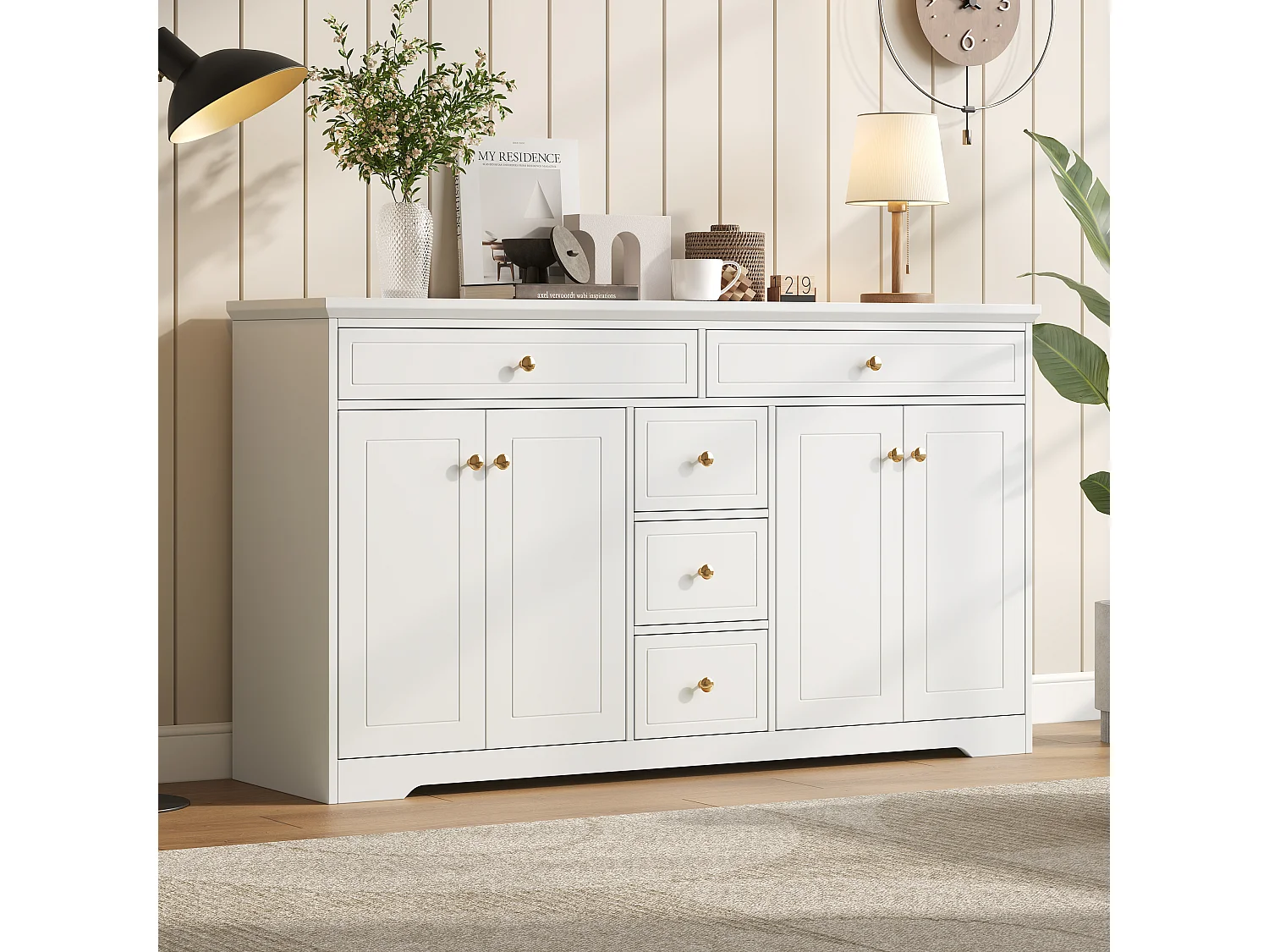Buffet blanc 150 x 40 x 85 cm, avec 5 tiroirs et 2 portes, buffet pour salon, salle à manger