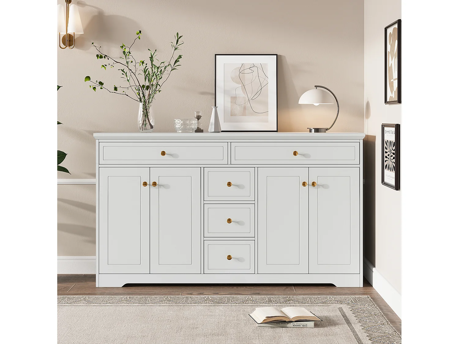 Buffet blanc 150 x 40 x 85 cm, avec 5 tiroirs et 2 portes, buffet pour salon, salle à manger