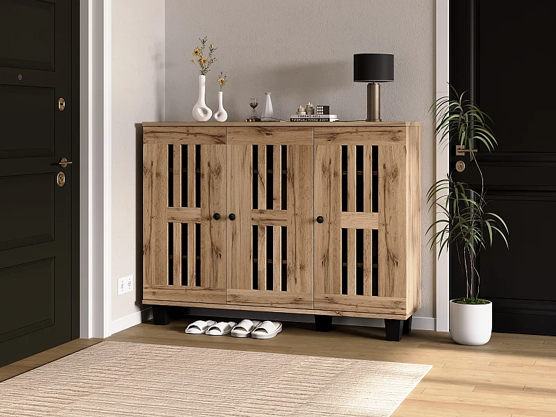 Aparador con 3 puertas caladas, para recibidor, entrada, salón, dormitorio, color madera, 120 cm