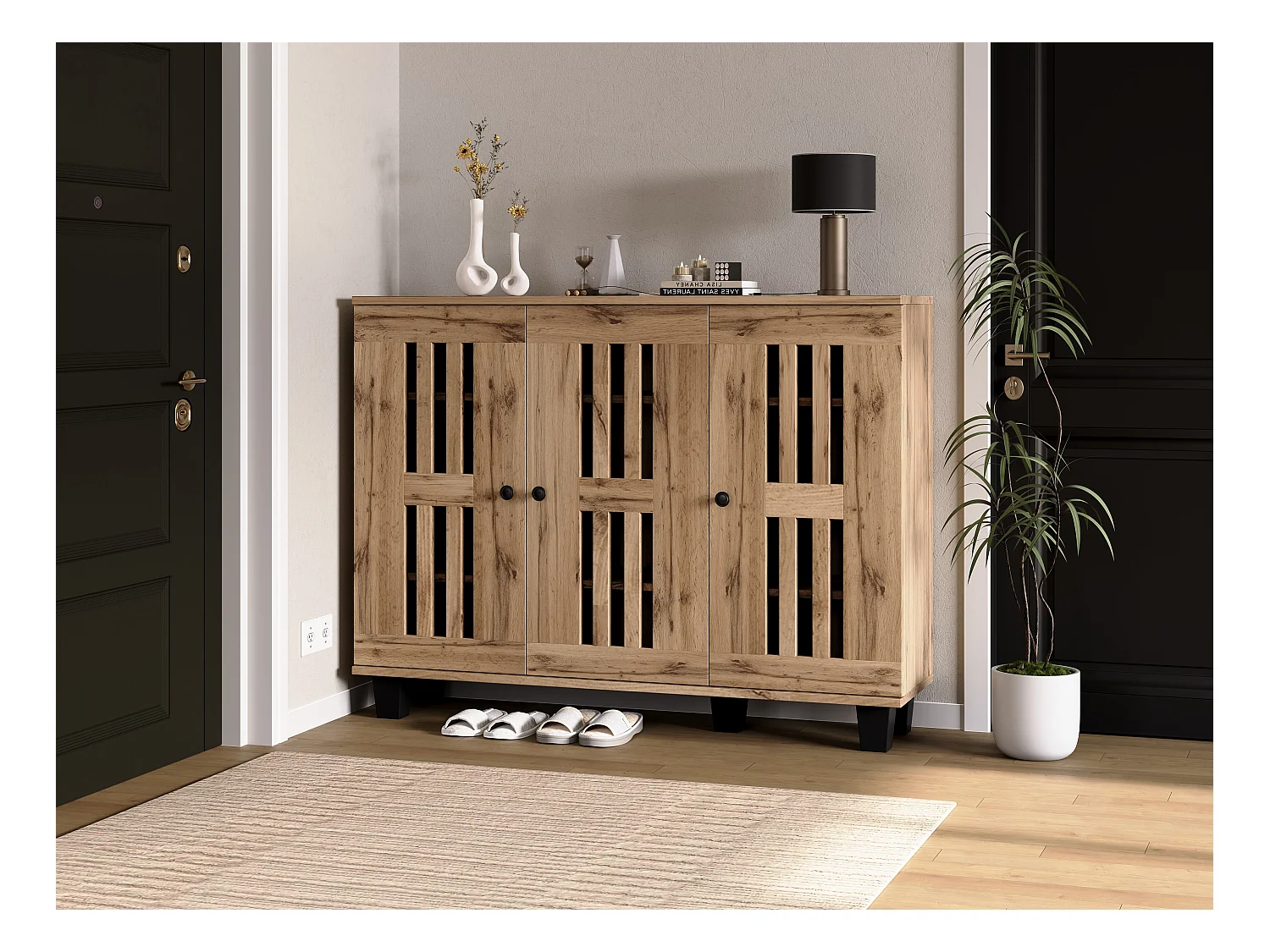 Buffet avec 3 portes ajourées, pour couloir, entrée, salon, chambre à coucher, couleur bois, 120 cm