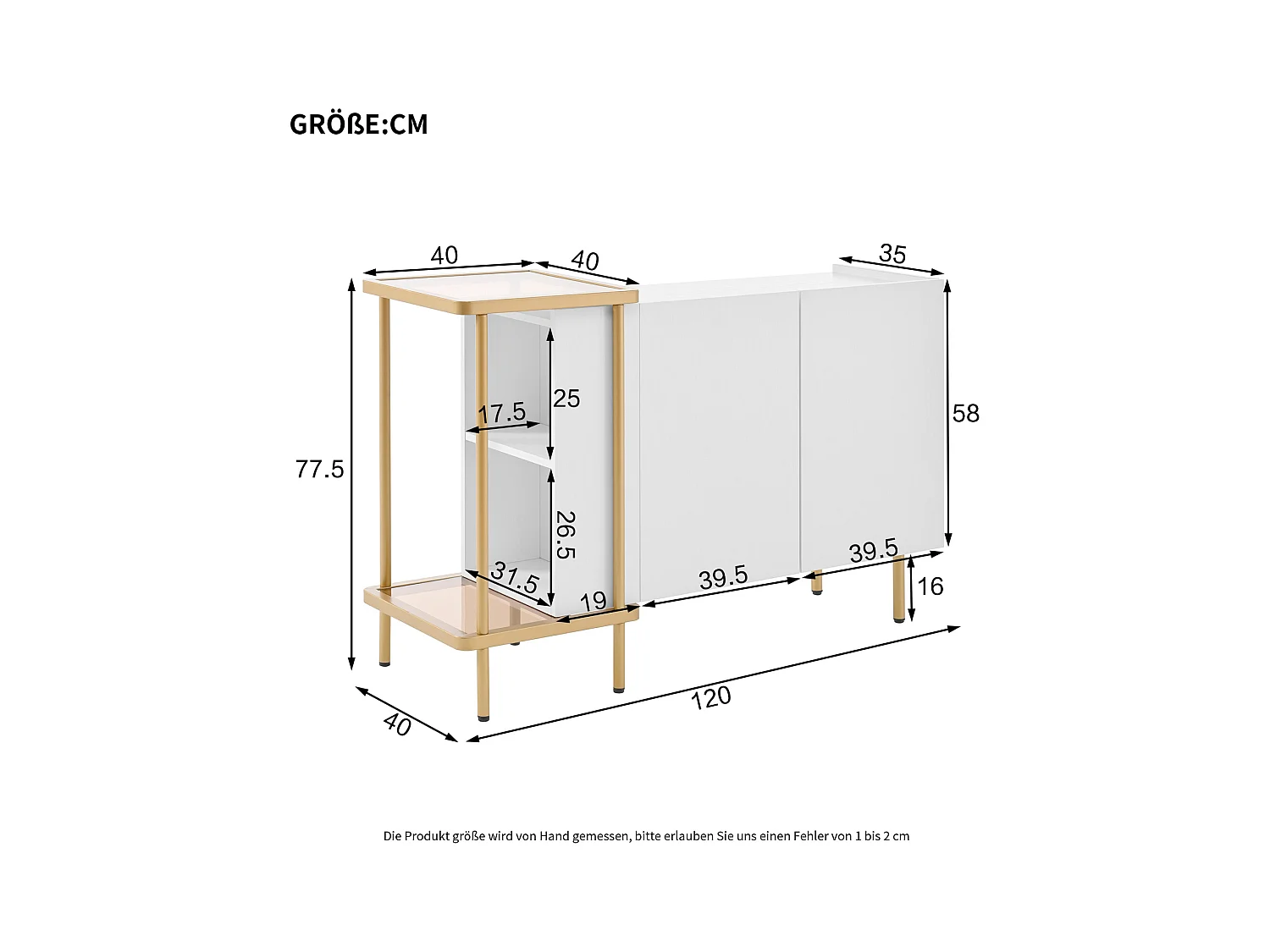 Aparador com 2 portas e 2 compartimentos abertos, mesa de centro em metal/vidro, branco, 120 x 40 x 77,5 cm