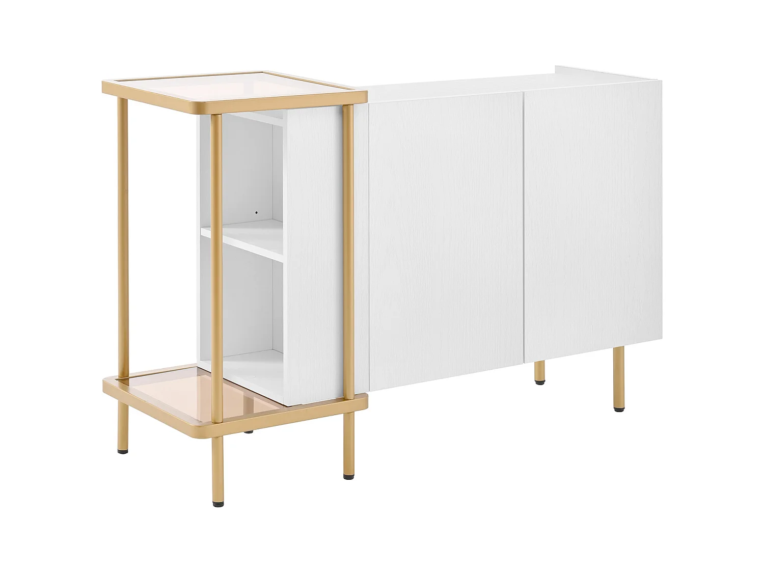 Aparador com 2 portas e 2 compartimentos abertos, mesa de centro em metal/vidro, branco, 120 x 40 x 77,5 cm