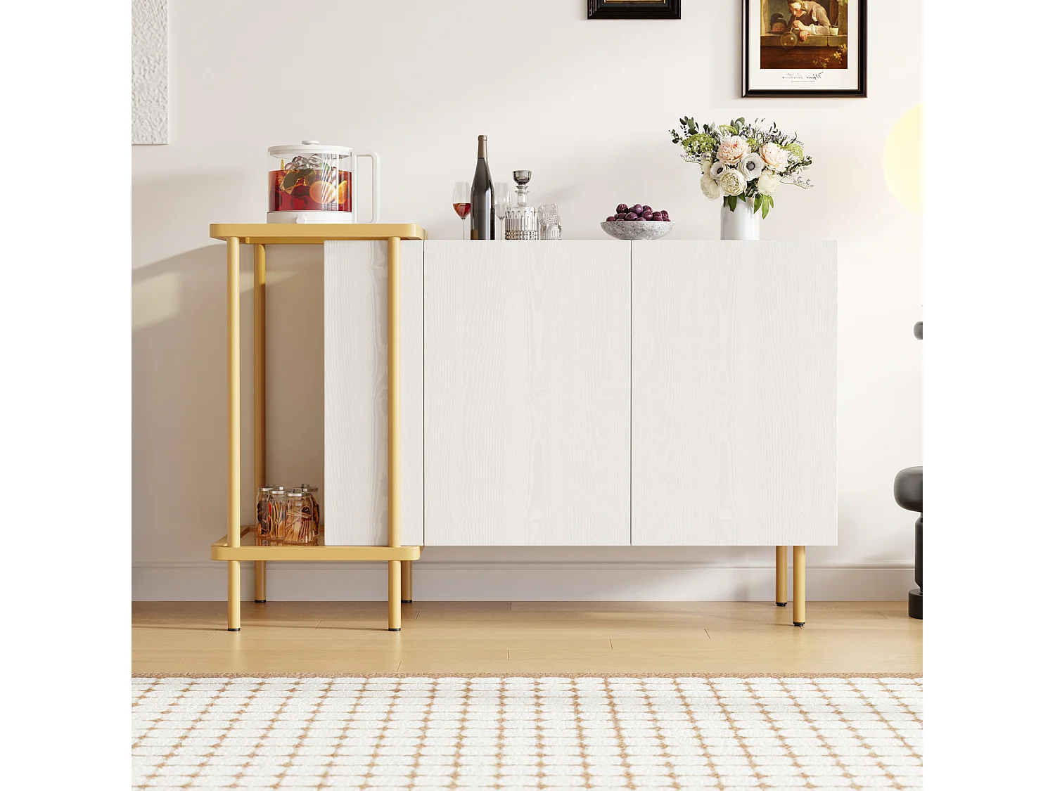Buffet avec 2 Portes et 2 Compartiments Ouverts, Table Basse en métal/Verre,Blanc,120 x 40 x 77.5 cm
