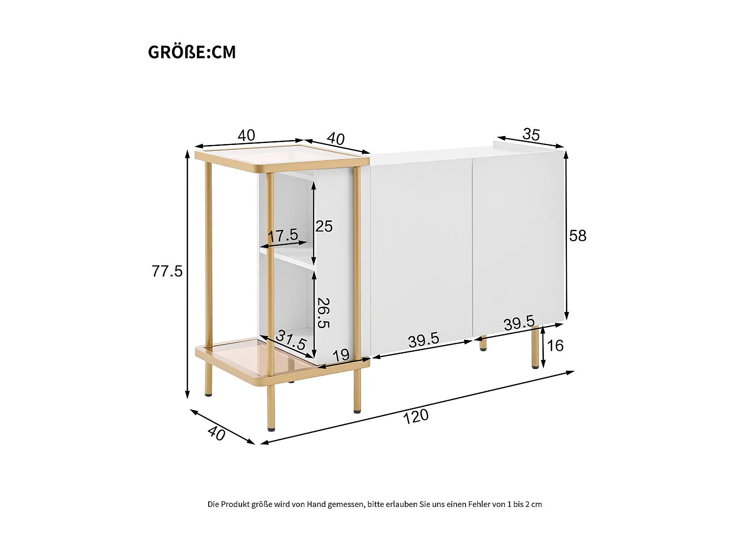 Buffet avec 2 Portes et 2 Compartiments Ouverts, Table Basse en métal/Verre,Blanc,120 x 40 x 77.5 cm