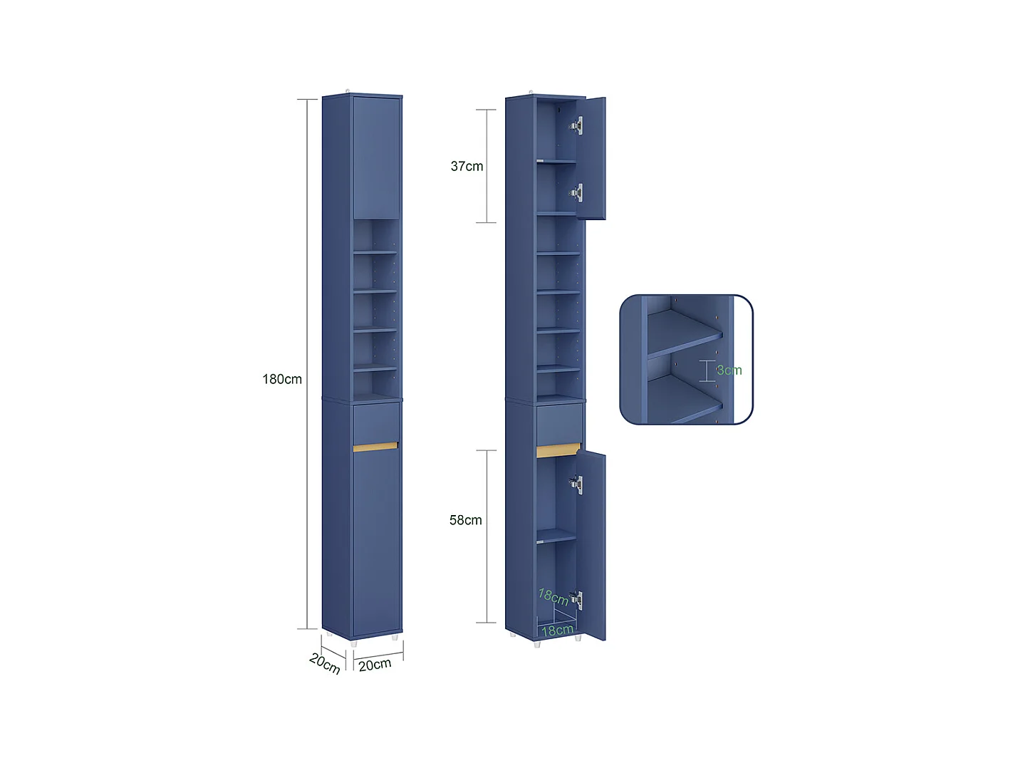 Mueble de Baño en MDF Resistente al Agua con Estantes y Cajón, Azul Oscuro