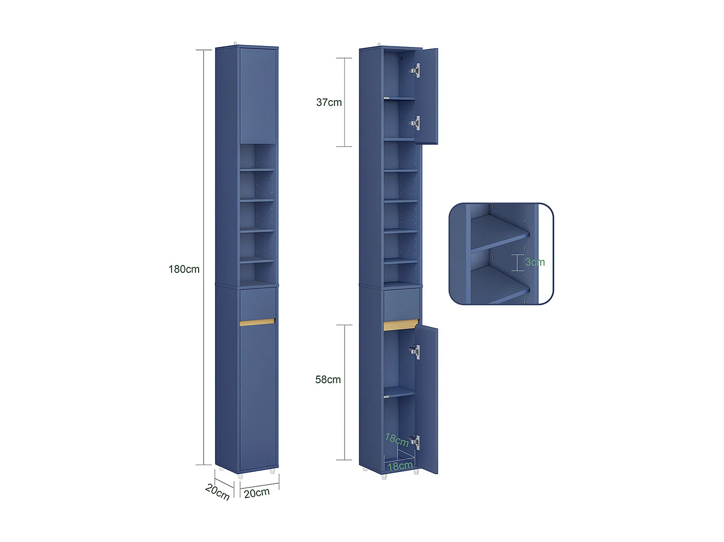 Armoire de Salle de Bain SoBuy en MDF Bleu, 20x20x180 cm