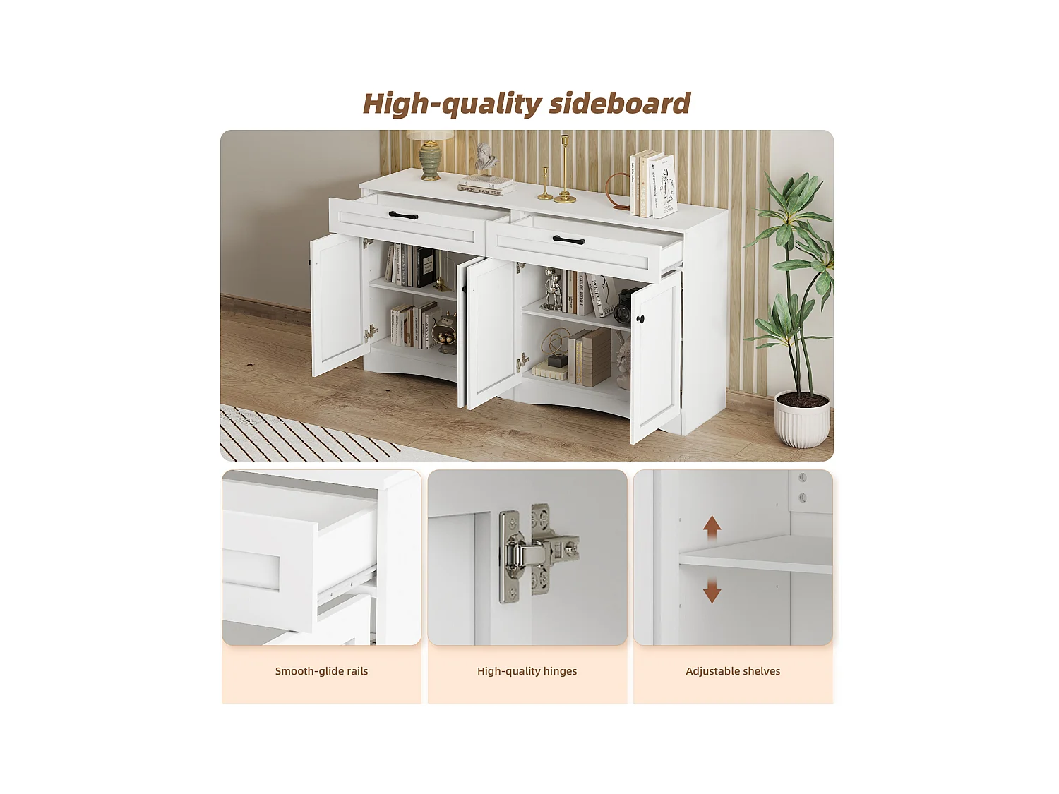 Aparador con 2 cajones y 2 armarios, para salón o comedor, 160 x 40 x 85 cm, Blanco