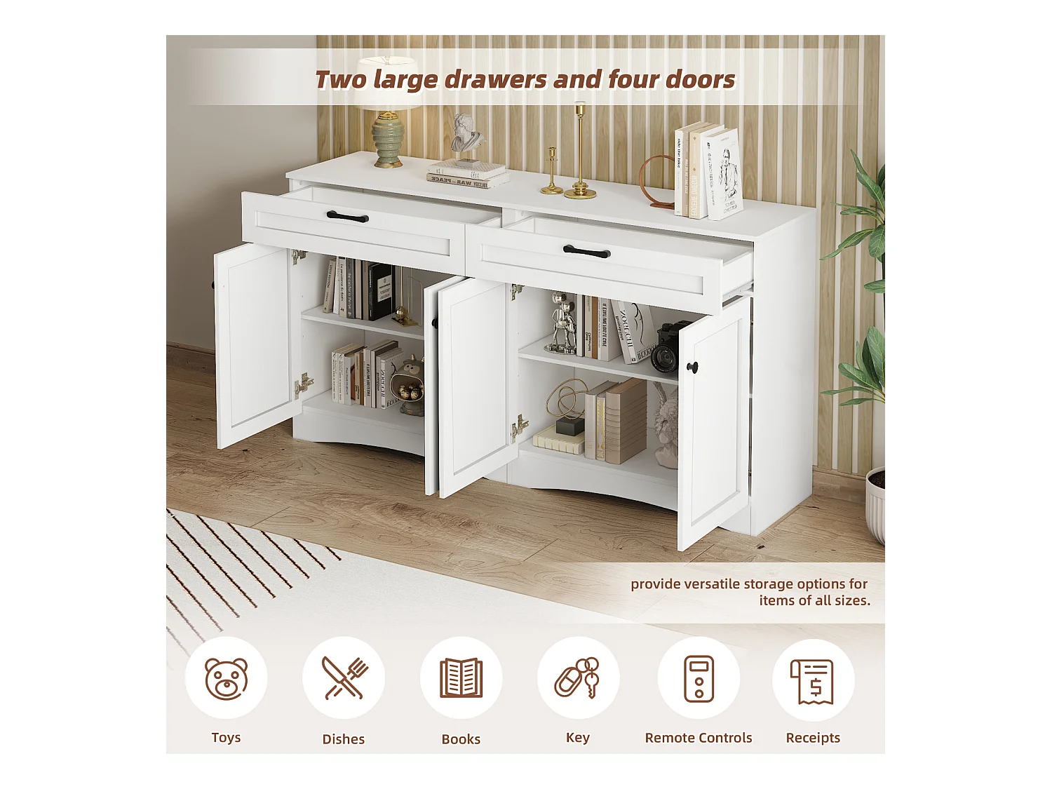 Aparador con 2 cajones y 2 armarios, para salón o comedor, 160 x 40 x 85 cm, Blanco