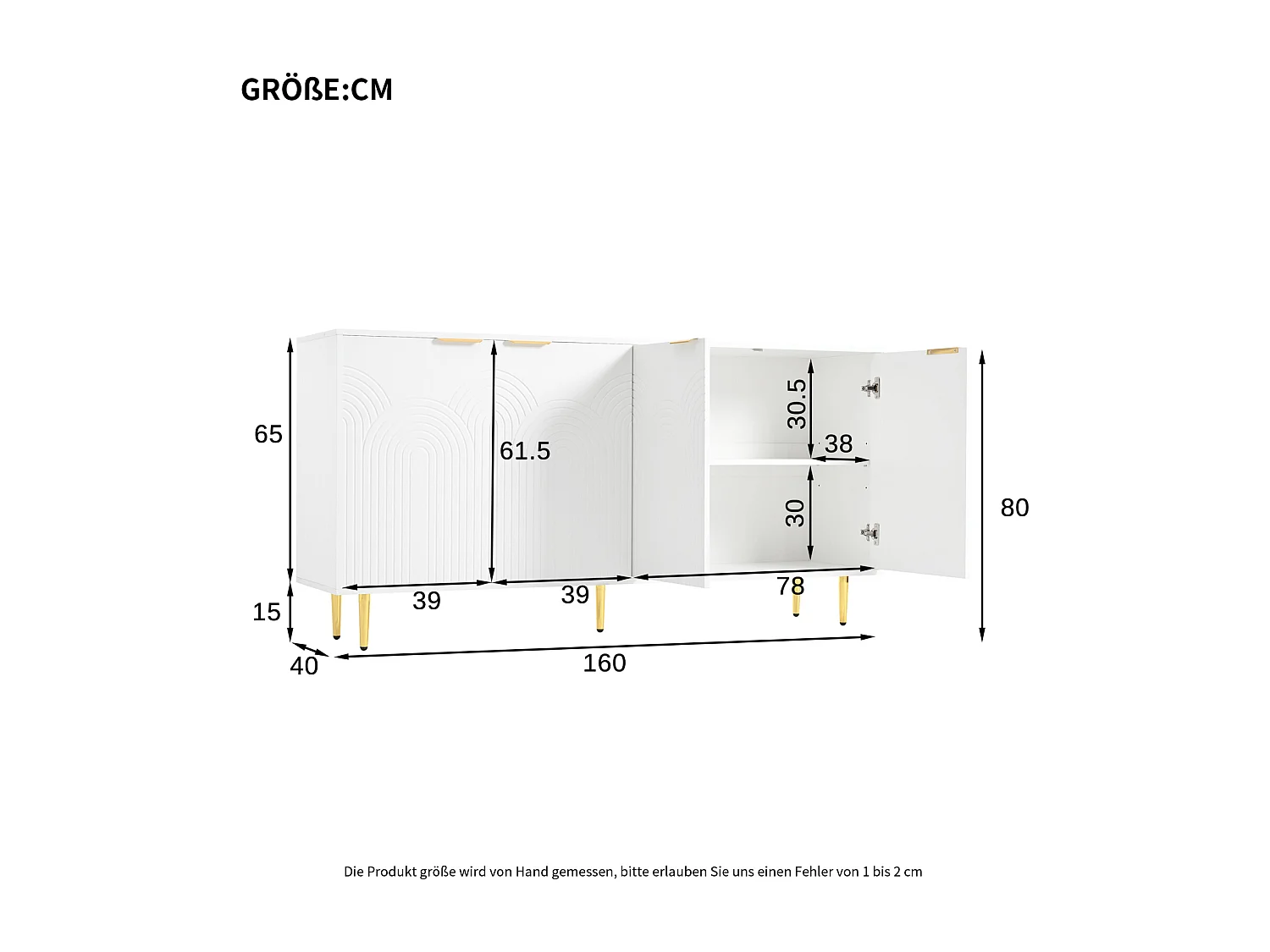 Aparador de madera para cocina y salón, 160×80×40 cm, 4 puertas, color blanco