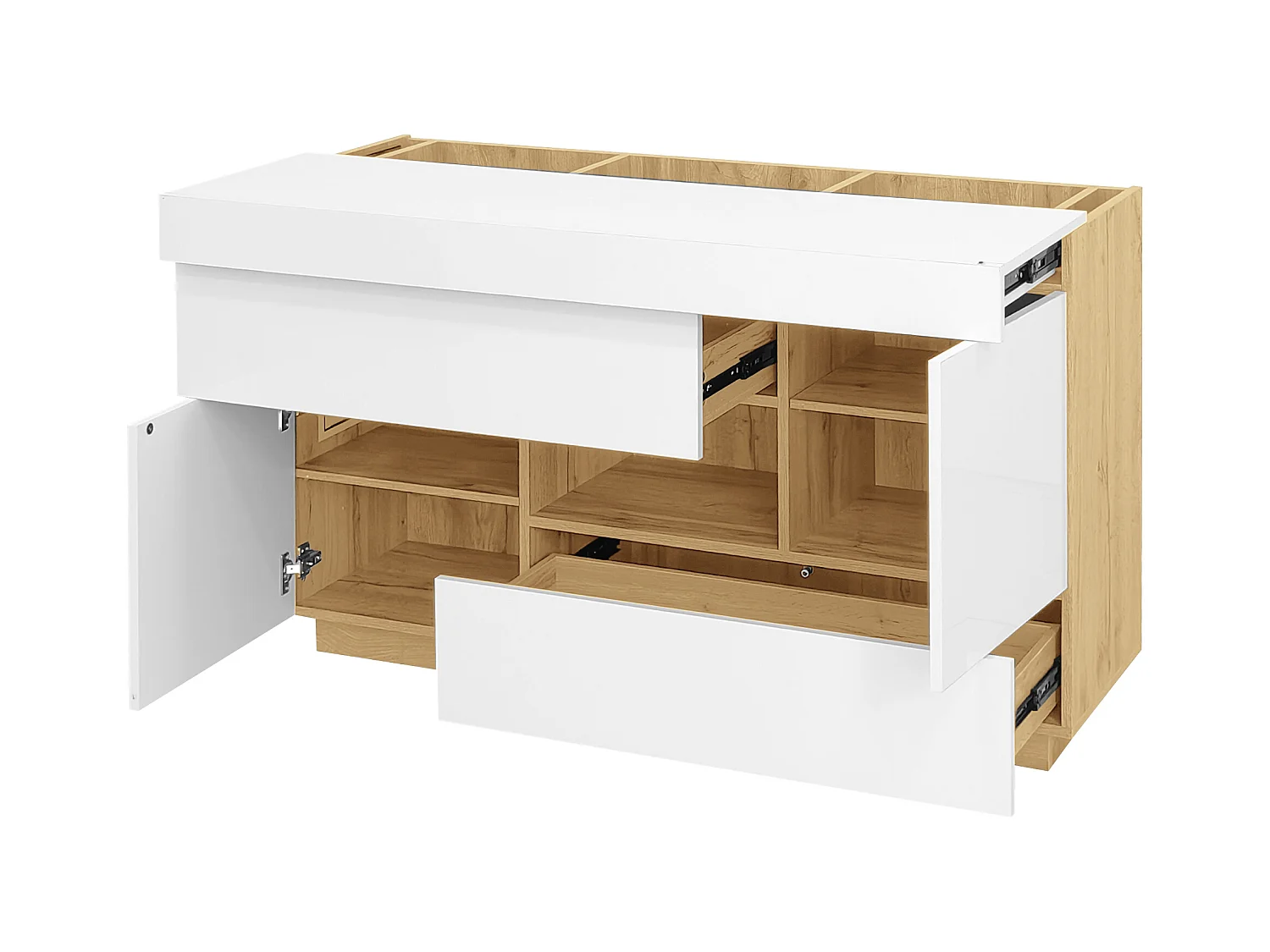 Buffet moderne avec LED colorées et tiroirs – Vitrine à la finition laquée brillante