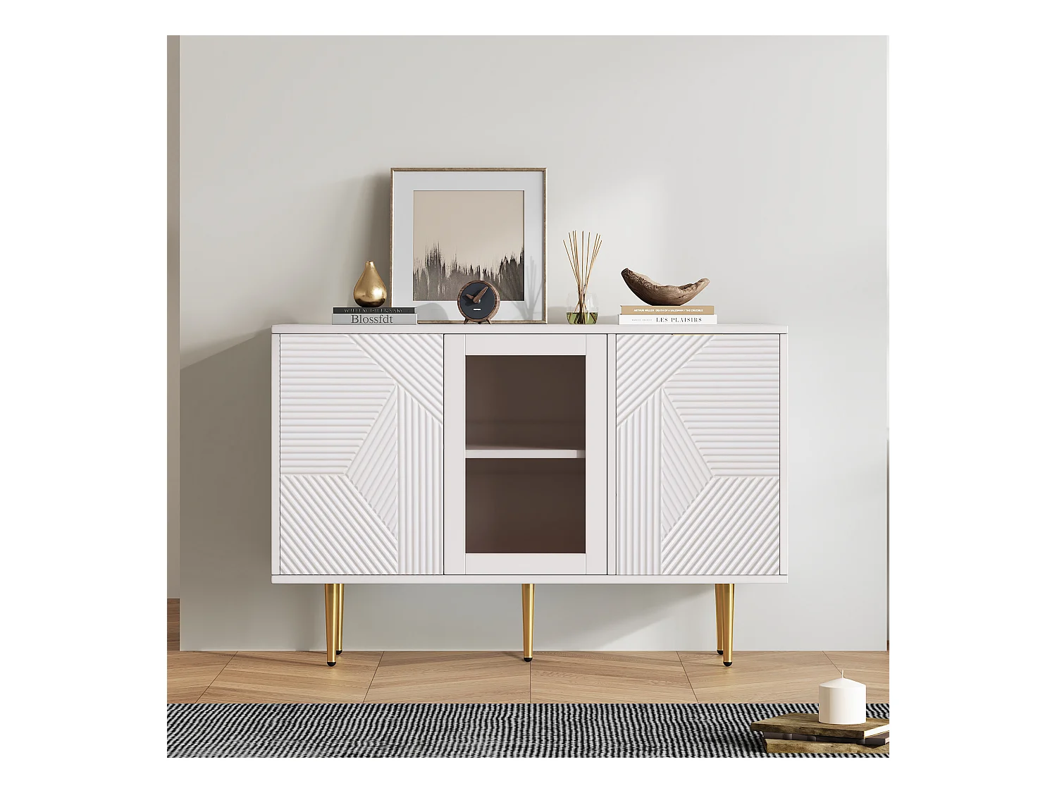 Aparador de madeira com 3 portas e pernas, 120 x 38 x 79,5 cm, para cozinha e sala de estar, branco