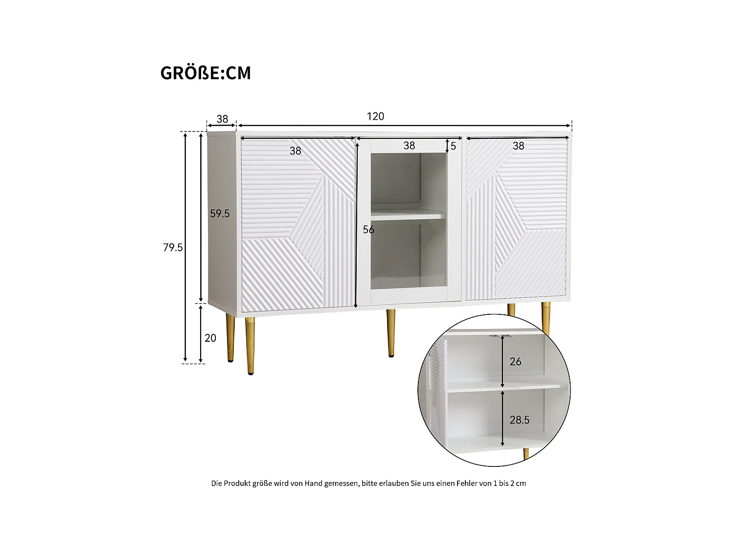 Aparador de madeira com 3 portas e pernas, 120 x 38 x 79,5 cm, para cozinha e sala de estar, branco